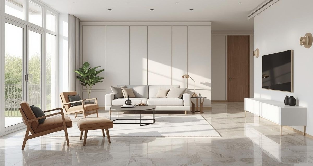 Large format floor tiles in a modern living room space