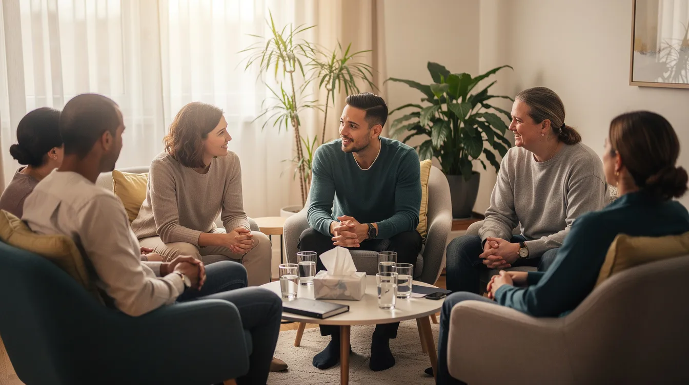 A small group of young adults sits in a circle, engaged in a supportive discussion about mental health, sharing their experiences and coping strategies. This gathering emphasizes the importance of mental health awareness and the value of community support in promoting well-being and recovery.