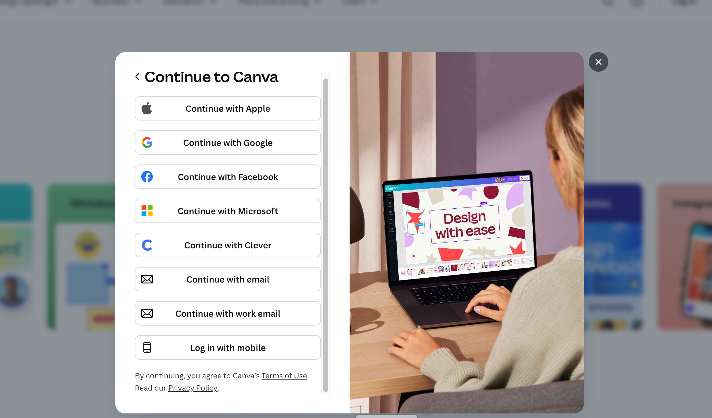 Canva offers plenty of signup methods to make the process smooth.