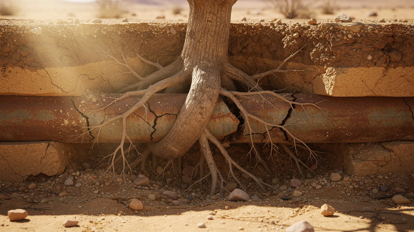 The image depicts tree roots intricately growing around and through a cracked underground pipe in dry desert soil, illustrating a plumbing emergency that could lead to sewage backups and water supply issues. This scene highlights the importance of professional plumbing services, such as emergency plumbing and drain cleaning, to address potential plumbing problems.