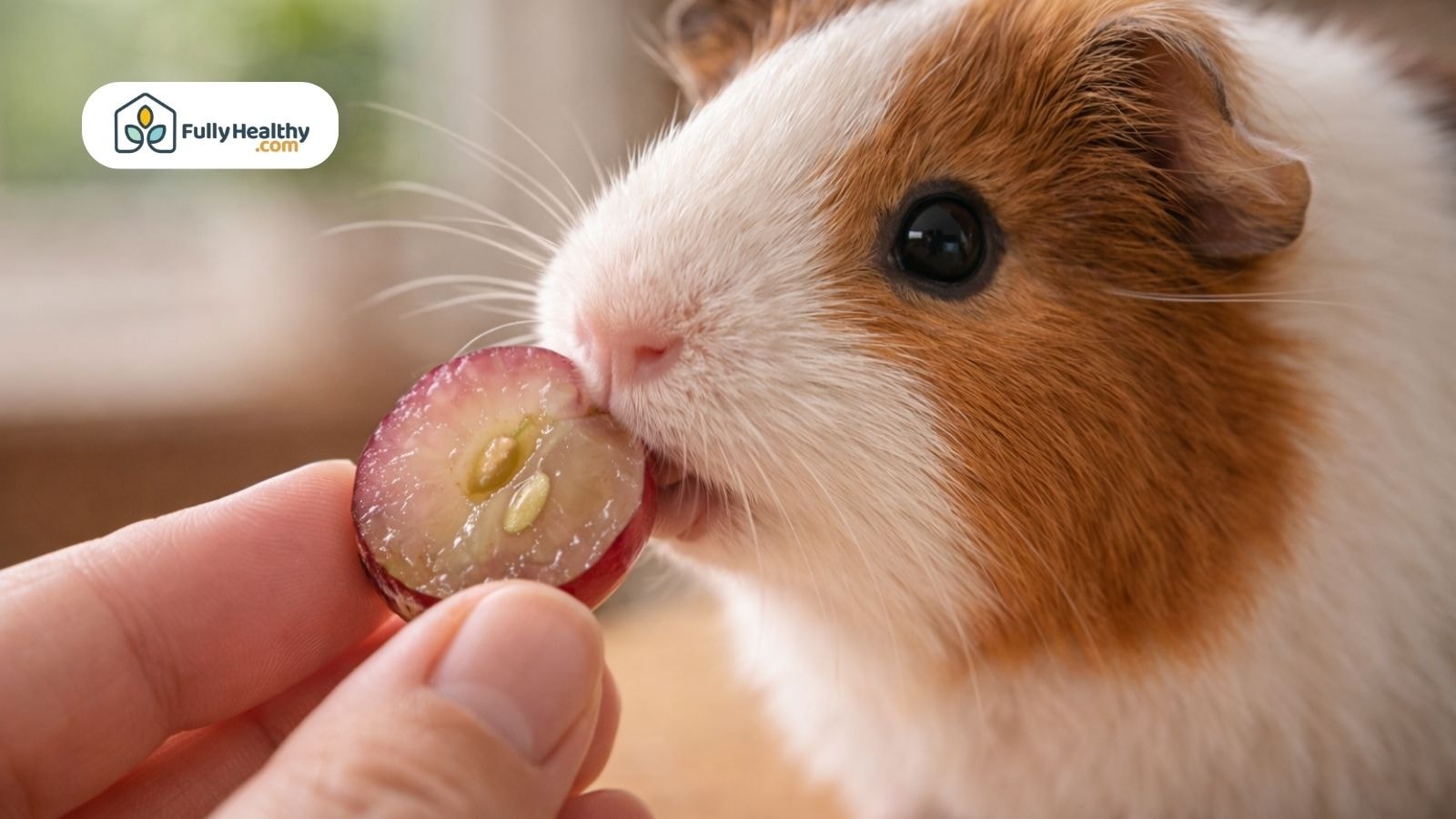 Guinea pig eating half a grape held by human hand