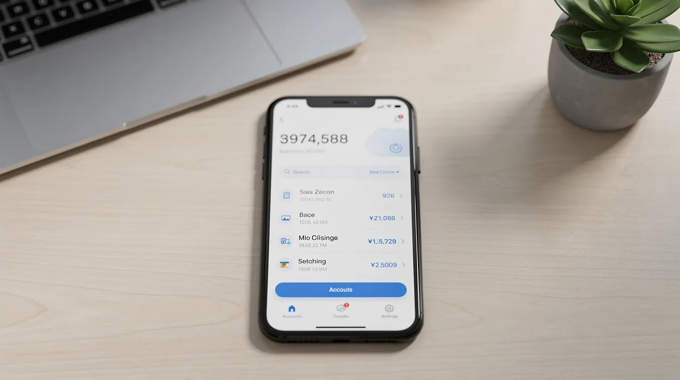 A modern smartphone sits on a clean desk, showcasing a banking app interface that highlights various financial management features. This digital platform reflects the advancements in financial services, emphasizing investment solutions and payment options relevant to consumers in the Middle East.