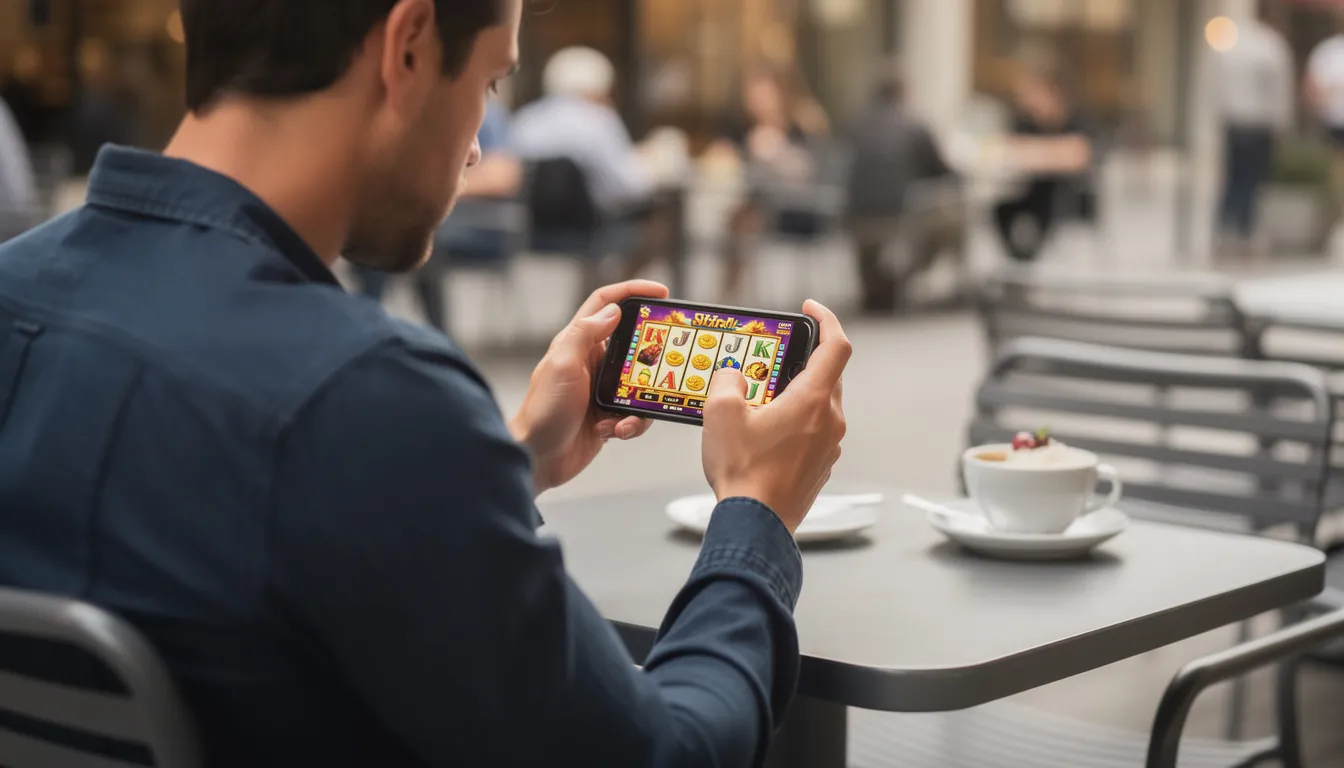 Mobile player using a smartphone to access online casino games in a cafe, representing browser-based JILI slots play.