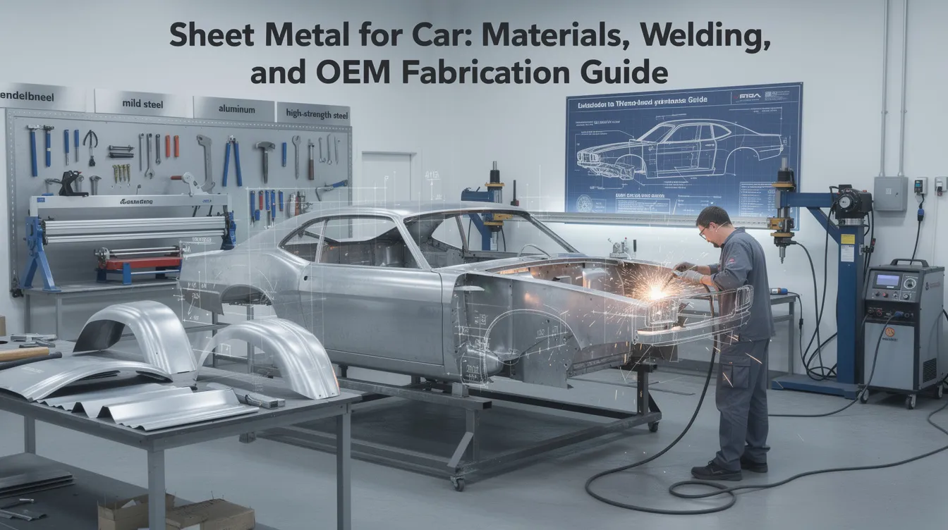 The image showcases various types of automotive sheet metal components, including patch panels, fenders, and hoods, ready for fabrication and welding. It illustrates the essential materials and tools used in the automotive industry, such as mild steel and TIG welding equipment, highlighting the precision and quality required for body work and repairs.