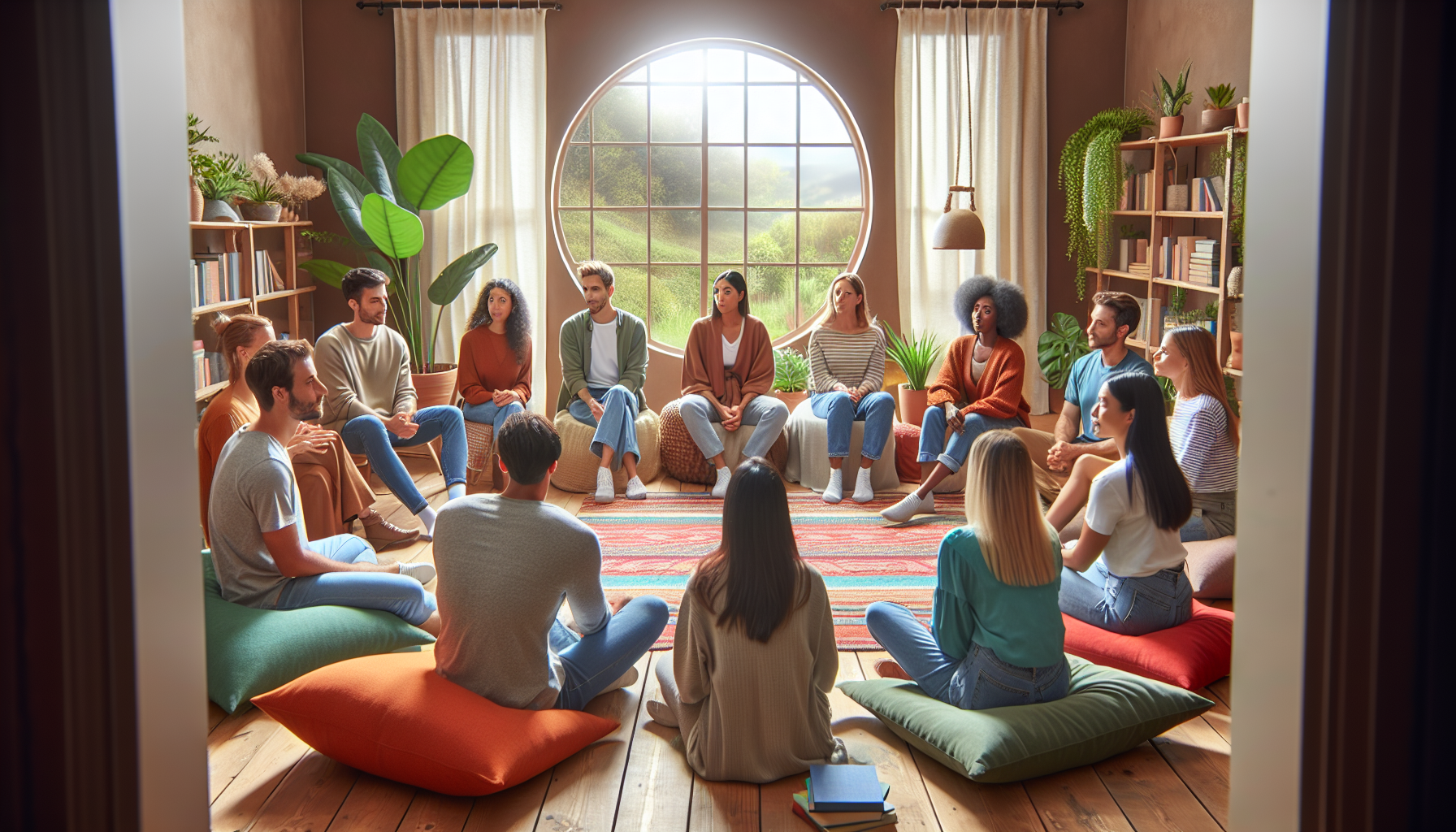 Illustration of a group of people in a circle, representing a therapeutic community