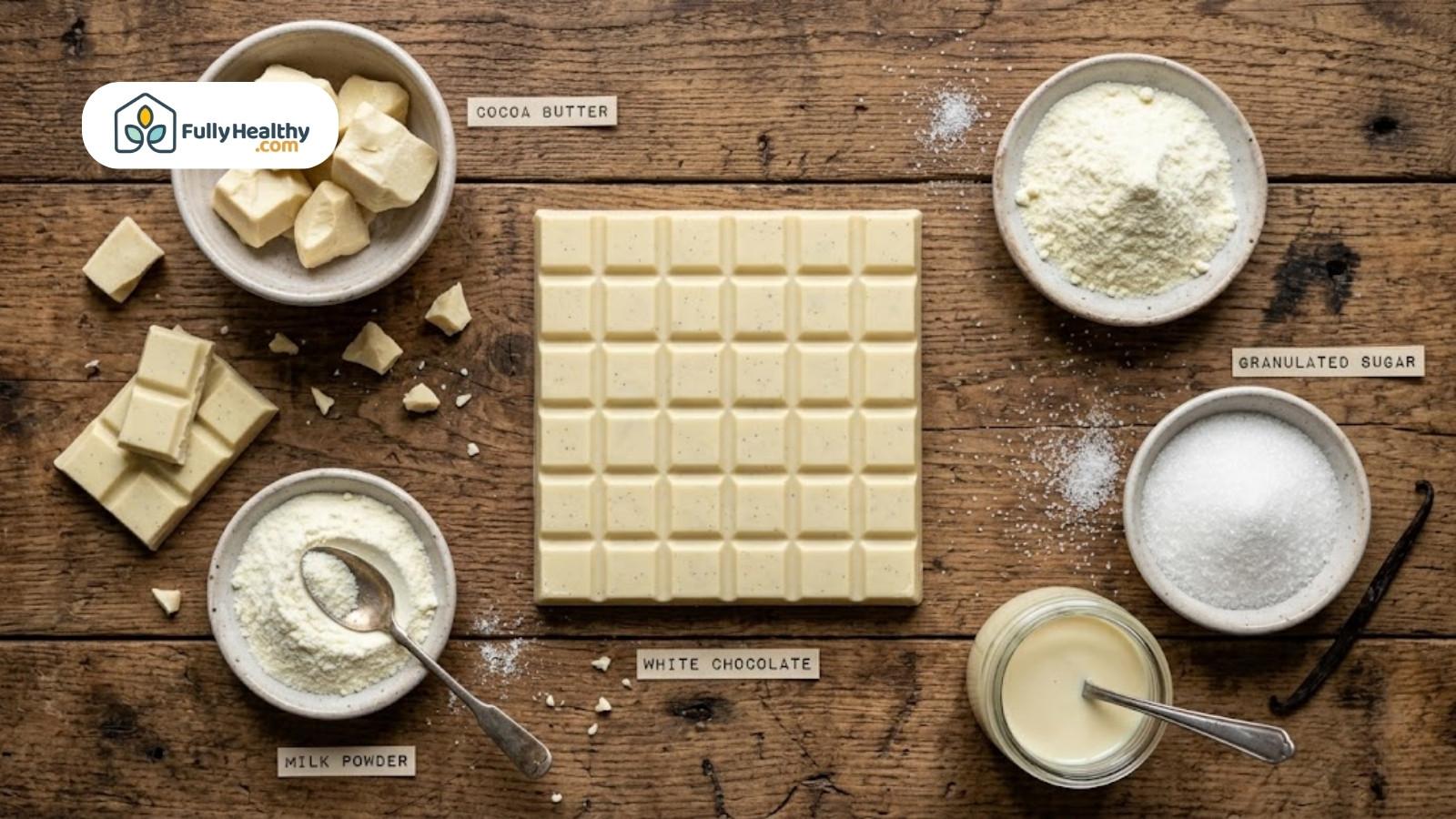White chocolate bar with ingredients like cocoa butter and sugar displayed