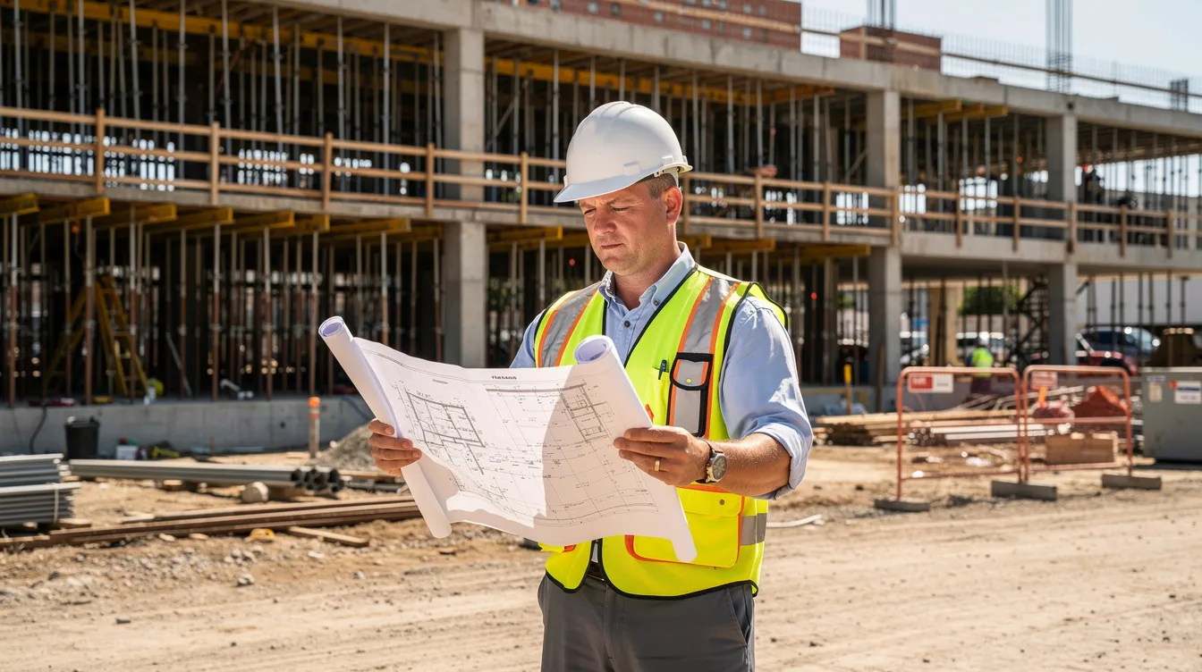 A construction superintendent wearing a hard hat is reviewing documents at a commercial building site, where concrete formwork is prominently displayed. This scene highlights the importance of quality control in construction, as the superintendent ensures compliance with project specifications and safety standards.