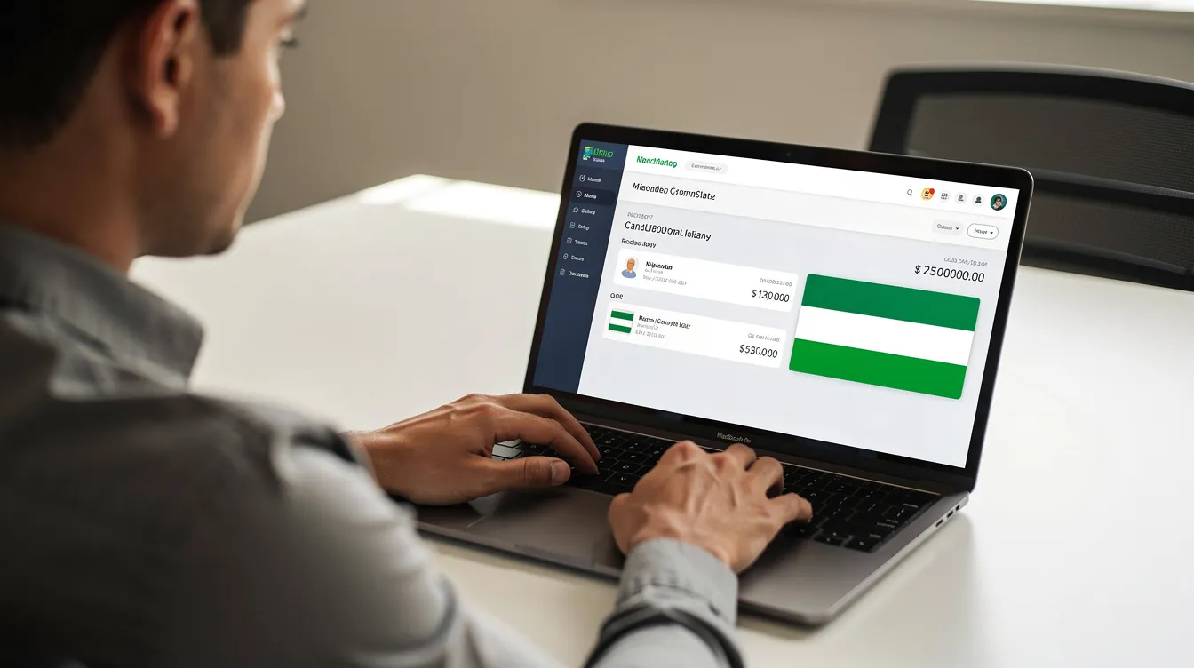 A person is seated at a laptop, engaged in sending an international money transfer, with the Nigerian flag displayed on the screen. The image highlights the convenience of using an opay account for fast transactions while ensuring security and compliance with banking regulations.