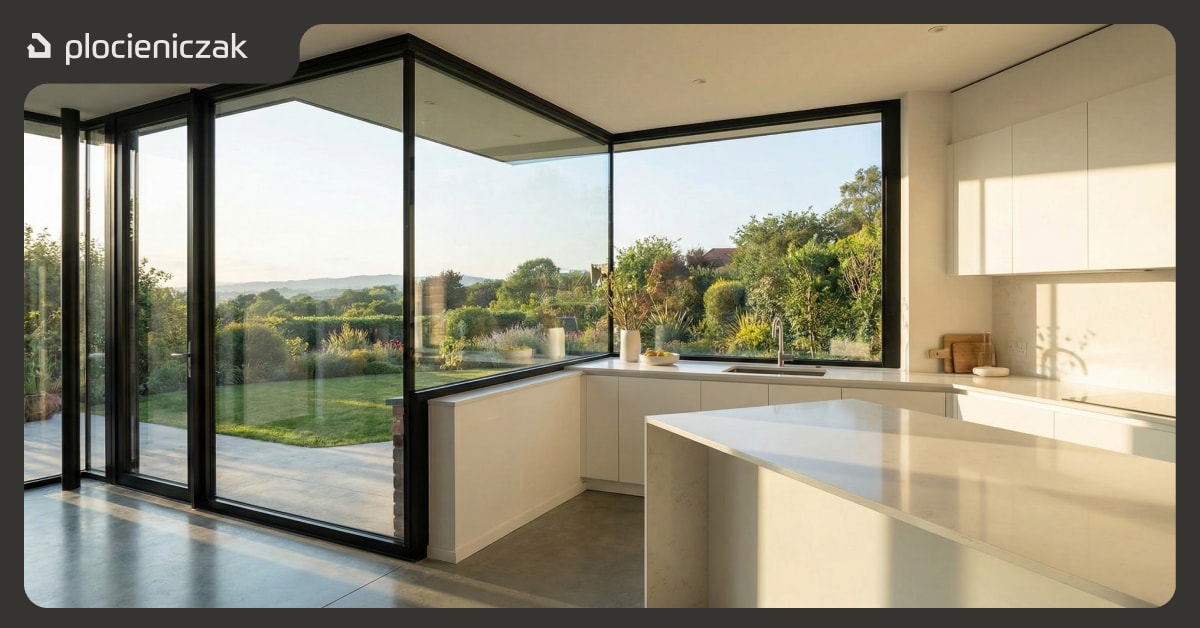Okno narożne w nowoczesnej kuchni - światło wpadające z dwóch stron świata