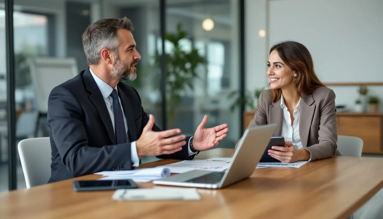 The image depicts a professional business meeting between a financial advisor and a client, as they engage in a discussion about various investment options, including precious metals such as gold and silver. The setting conveys a sense of trust and expertise, highlighting the advisor's role in guiding the client through the complexities of precious metals investing and retirement accounts.