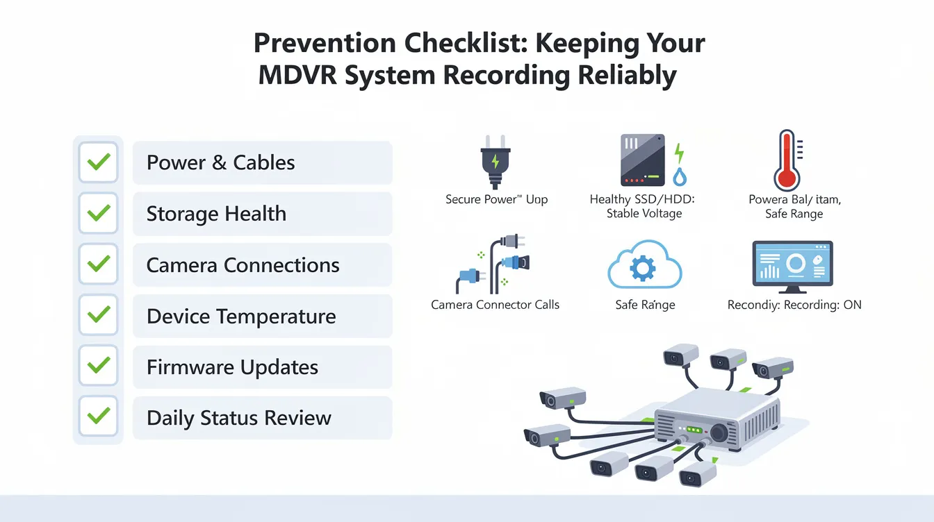 MDVR system is not recording : The image features a detailed prevention checklist for ensuring your MDVR system is reliably recording, highlighting key aspects like technical support, recording schedules, and motion detection settings. It serves as a guide for users to troubleshoot common problems with their device, ensuring that all equipment is set correctly for optimal performance.