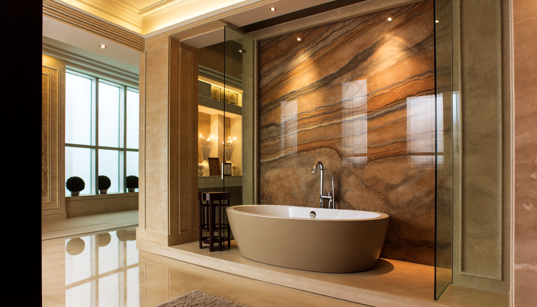 A luxurious freestanding bathtub made of natural stone as a focal point in a spacious bathroom