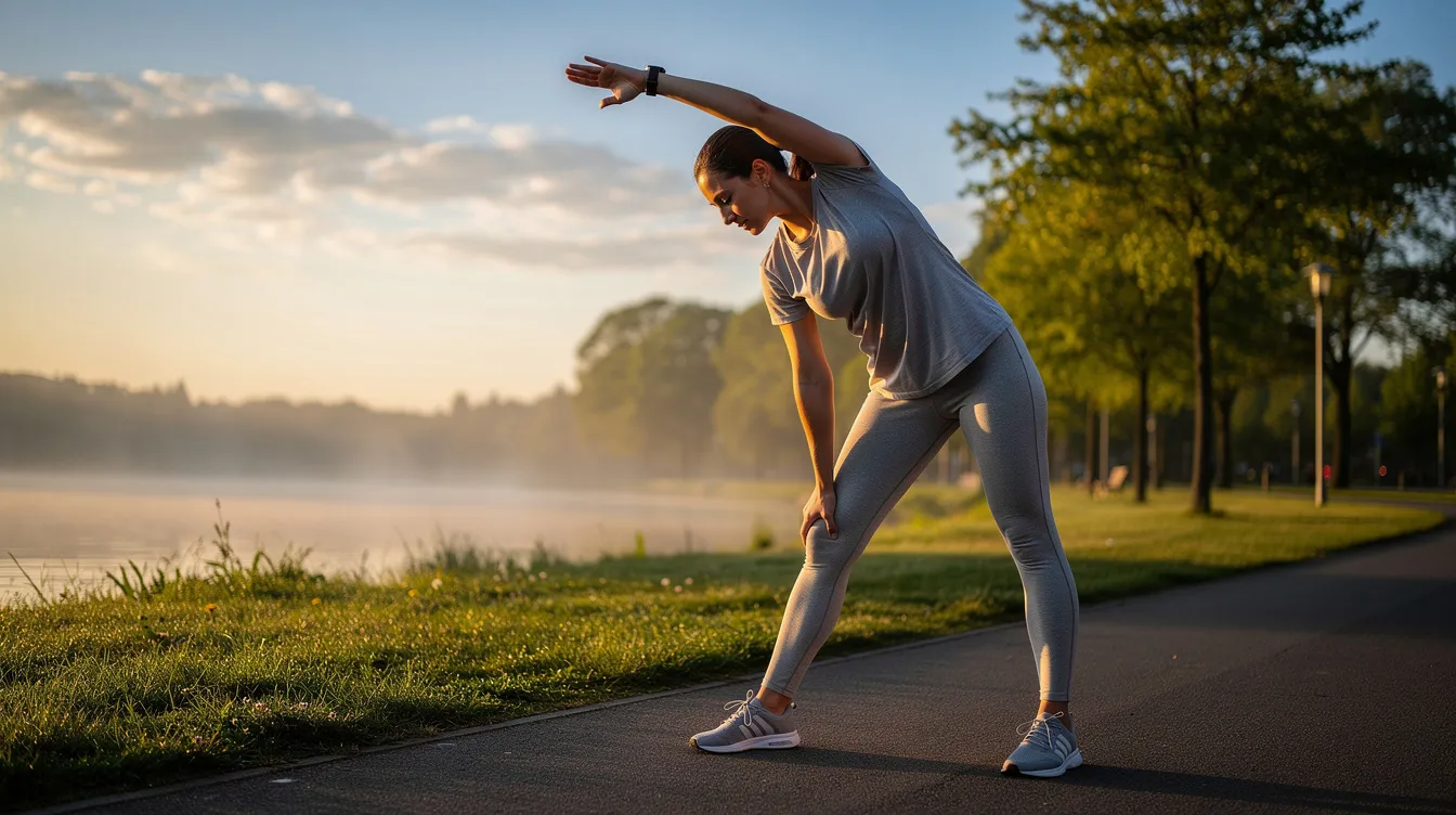 A person is stretching outdoors in the morning sunlight, embodying a healthy lifestyle and promoting energy levels. This scene captures the essence of physical performance and the importance of exercise for boosting energy and reducing fatigue.