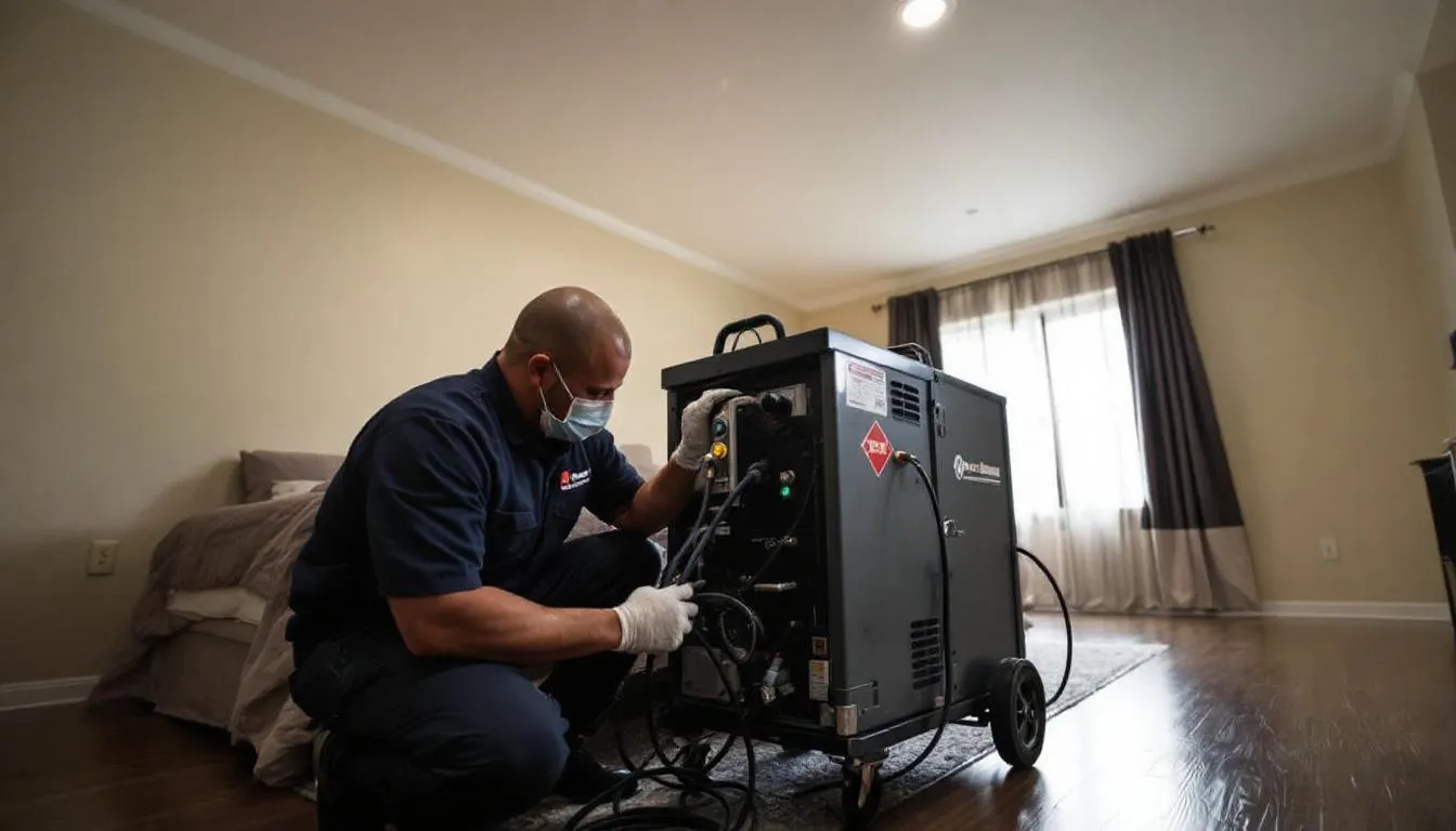 In the image, a professional pest control technician is seen setting up heat treatment equipment in a bedroom to effectively eliminate bed bugs. The technician is preparing to implement environmentally responsible techniques as part of a comprehensive bed bug treatment plan.