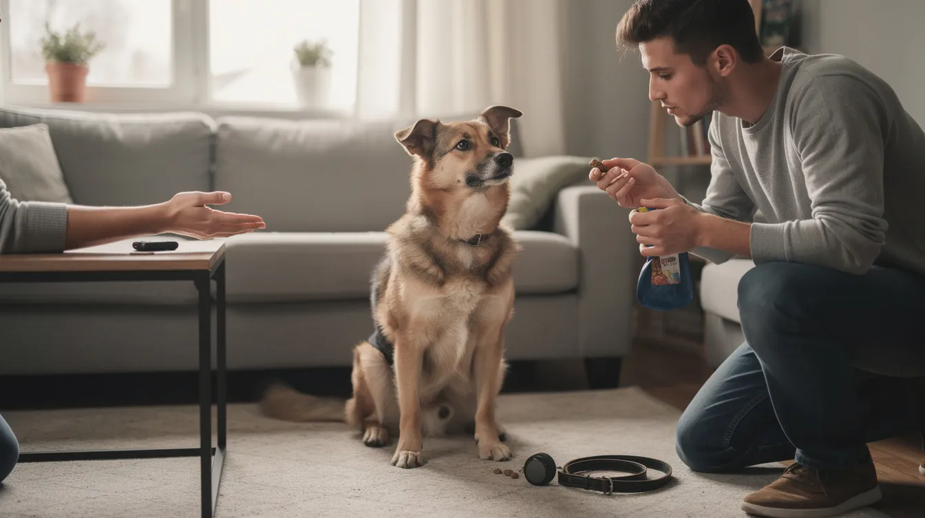 The image features a dog sitting attentively in a living room, focused on a person holding a treat pouch filled with high-value treats. The dog's eager expression and the visible food in the trainer's hand illustrate the concept of using food rewards to reinforce good behavior during dog training sessions.