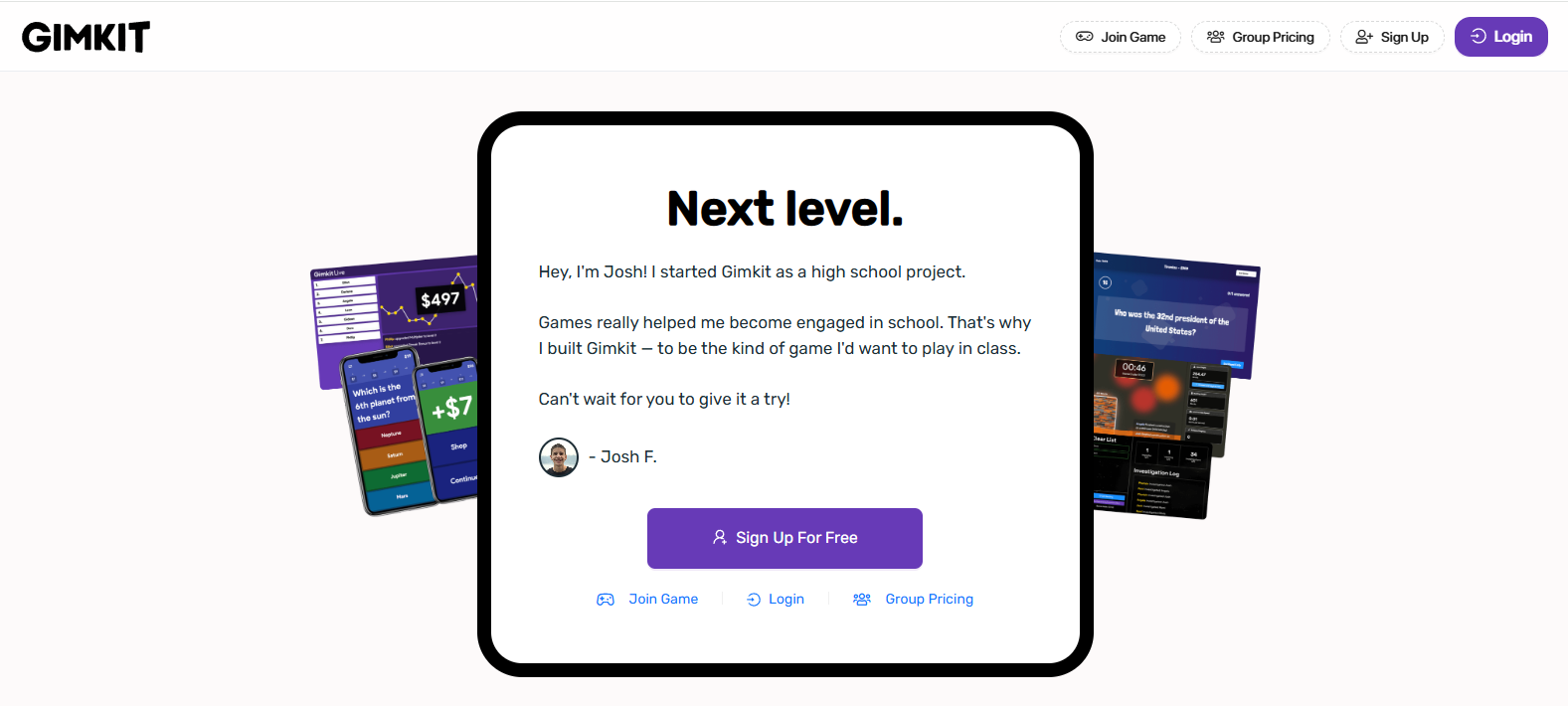 Gimkit homepage showcasing a gamified formative assessment platform with interactive quizzes, live classroom games, and engaging student learning activities