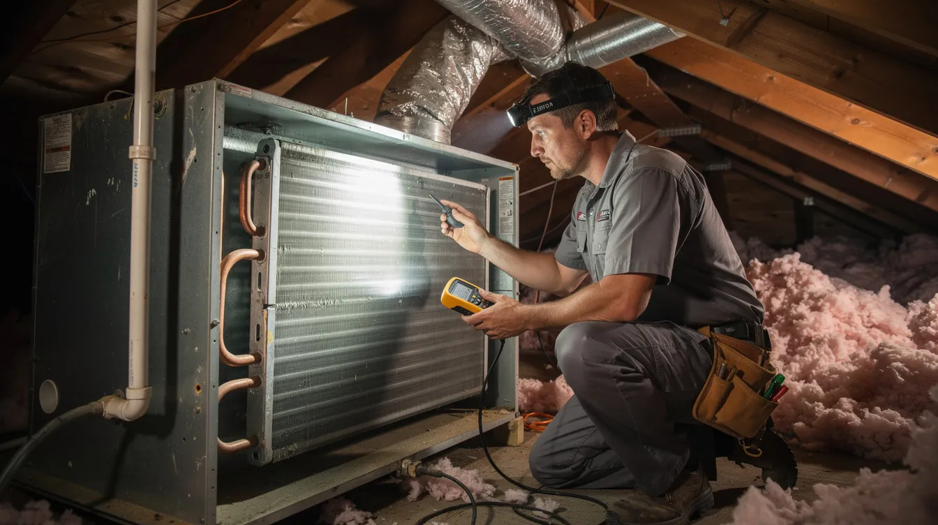 An HVAC technician is inspecting a large evaporator coil inside an attic air handler unit, ensuring that the system is functioning properly for optimal indoor air temperature. The technician checks for any signs of refrigerant leaks or issues that may require evaporator coil replacement, which can affect the overall efficiency of the air conditioning system.