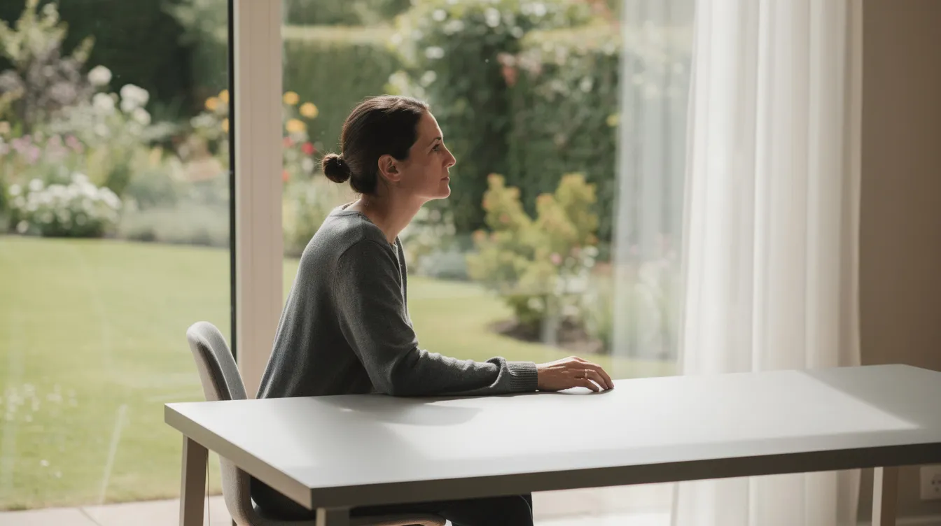 A person sits at a clean desk by a large window, hands resting on the surface, gazing thoughtfully at a garden. This serene scene reflects the healing process often explored in somatic therapy, emphasizing body awareness and emotional regulation for trauma recovery.