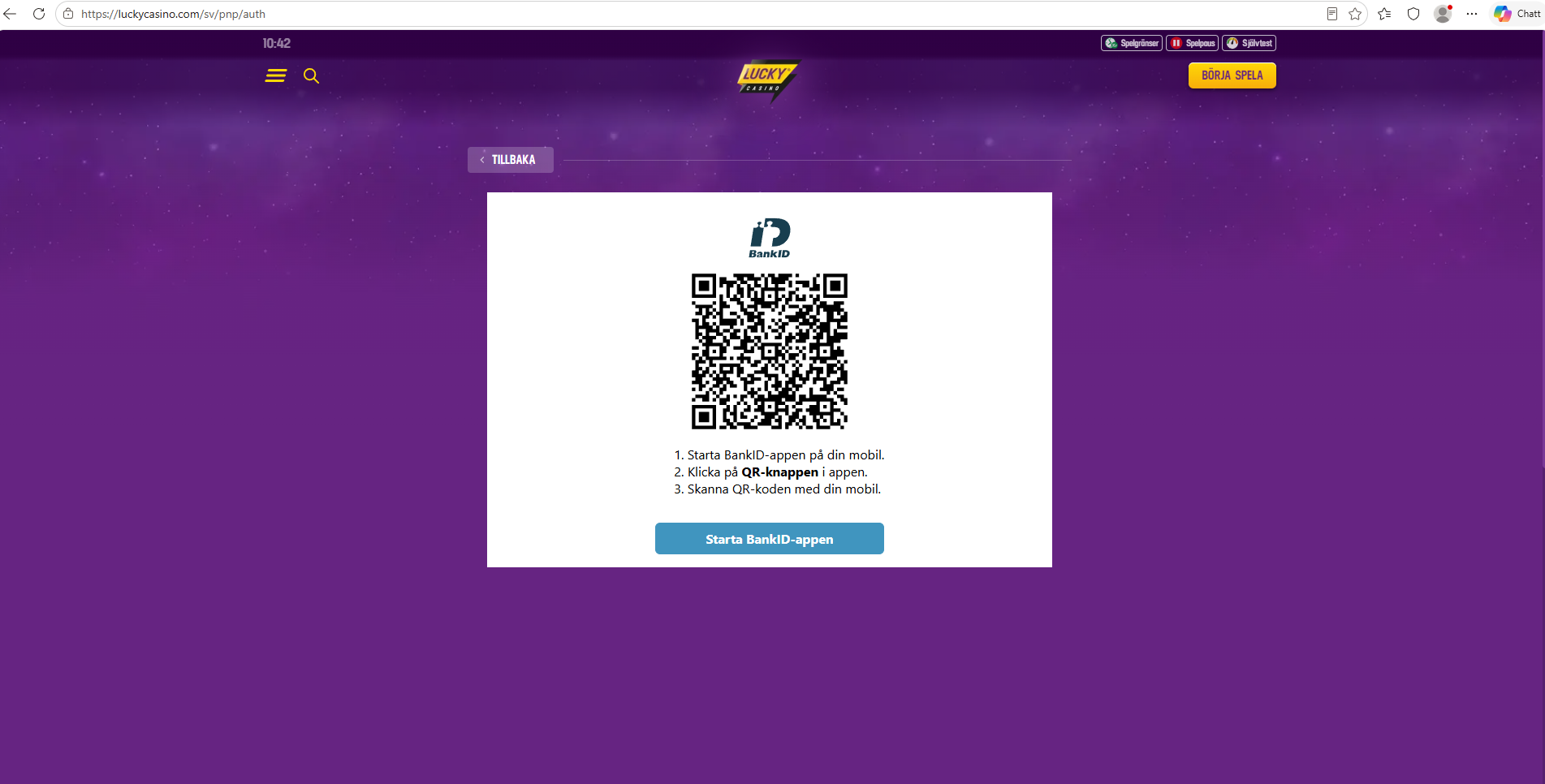 Enkel och snabb inloggning via QR-kod med BankID hos Lucky Casino. 