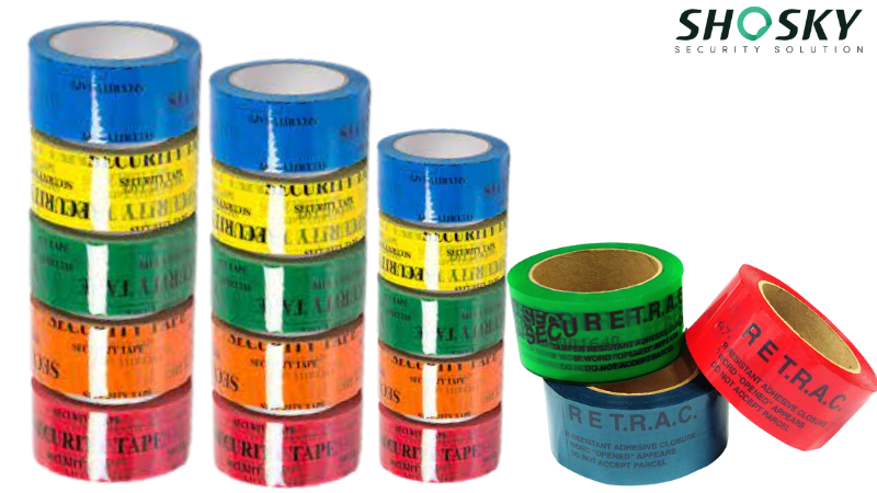 Colored security tape rolls neatly stacked vertically in columns for proper storage