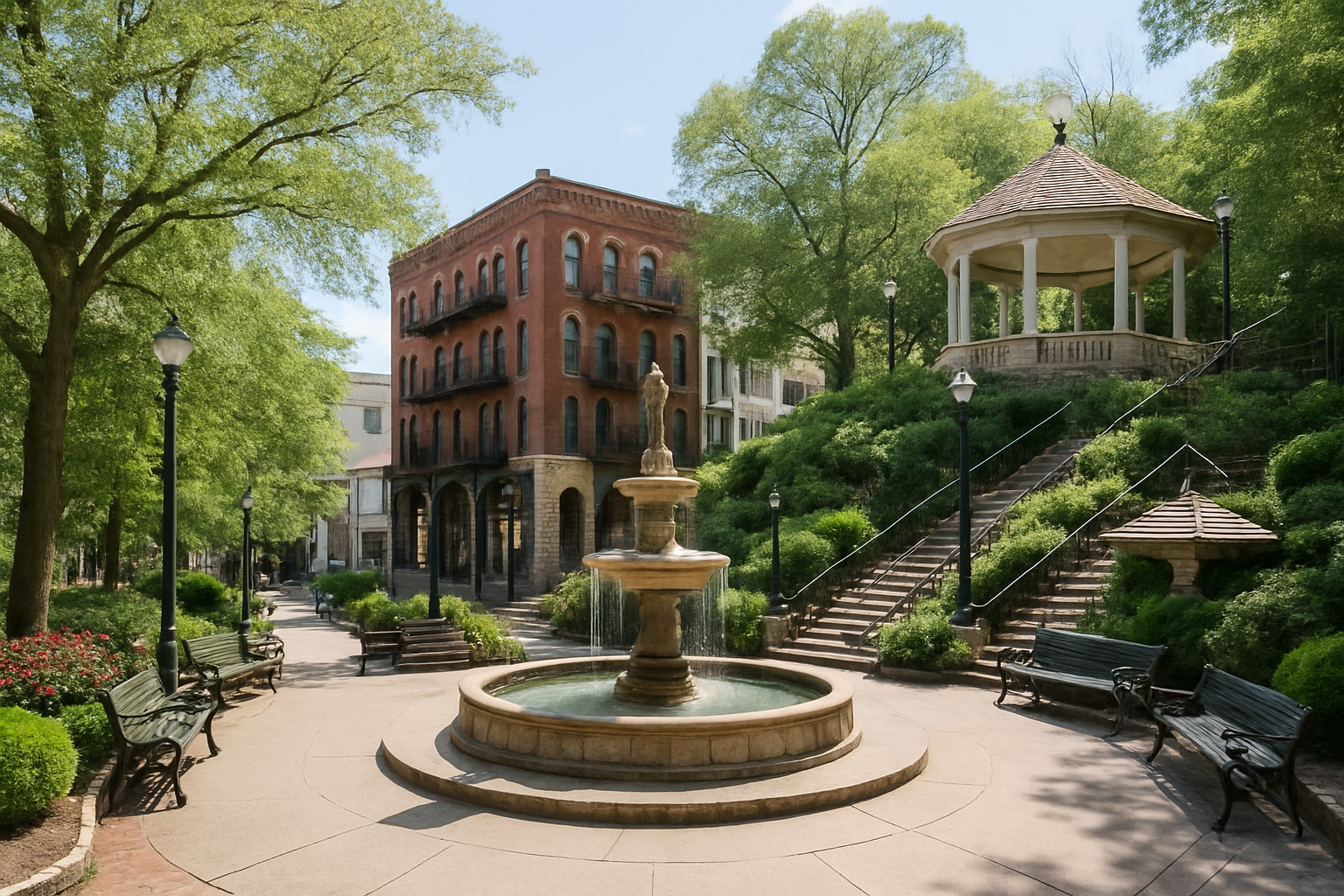 A realistic photograph of Basin Spring Park in Northeast Arkansas captures the serene beauty of the park, featuring lush greenery, walking paths, and families enjoying the recreational space. The image highlights the park's inviting atmosphere, making it a hidden gem for visitors in Eureka Springs and surrounding areas.