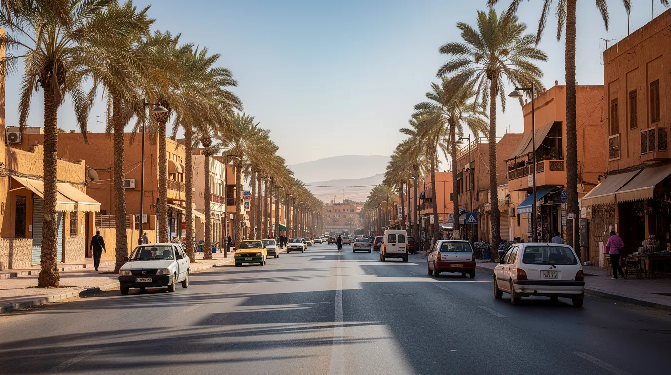 Una calle urbana de Casablanca, Marruecos, donde coches de alquiler circulan entre palmeras que adornan los lados de la vía. Este ambiente vibrante refleja la vida cotidiana en la ciudad y las opciones de alquiler de coches disponibles para los visitantes.