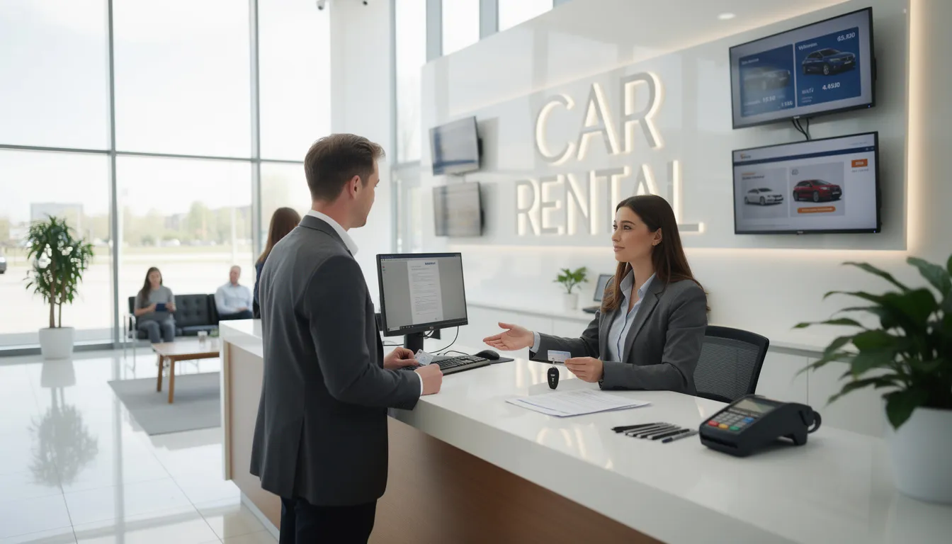 Une personne discute avec un agent au comptoir de location de voitures d'une agence moderne, échangeant des informations sur les tarifs et les réservations. L'atmosphère est professionnelle, mettant en avant un service client de qualité.