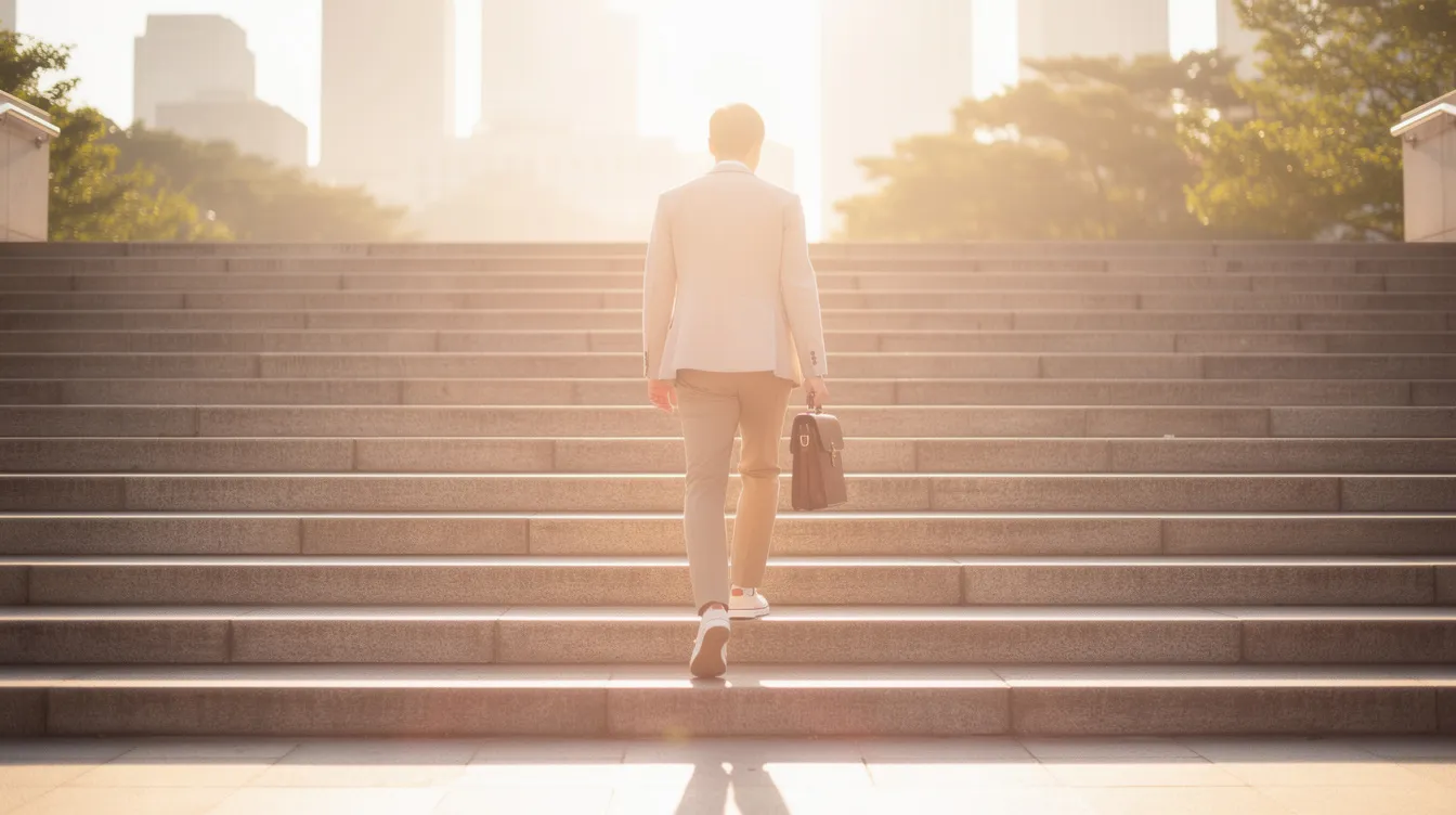 A person is walking up outdoor stone steps towards bright sunlight, symbolizing a journey of financial recovery and a fresh start. This image represents the hope and determination associated with overcoming debt and improving one's financial situation, echoing themes of 清 數 and financial renewal.