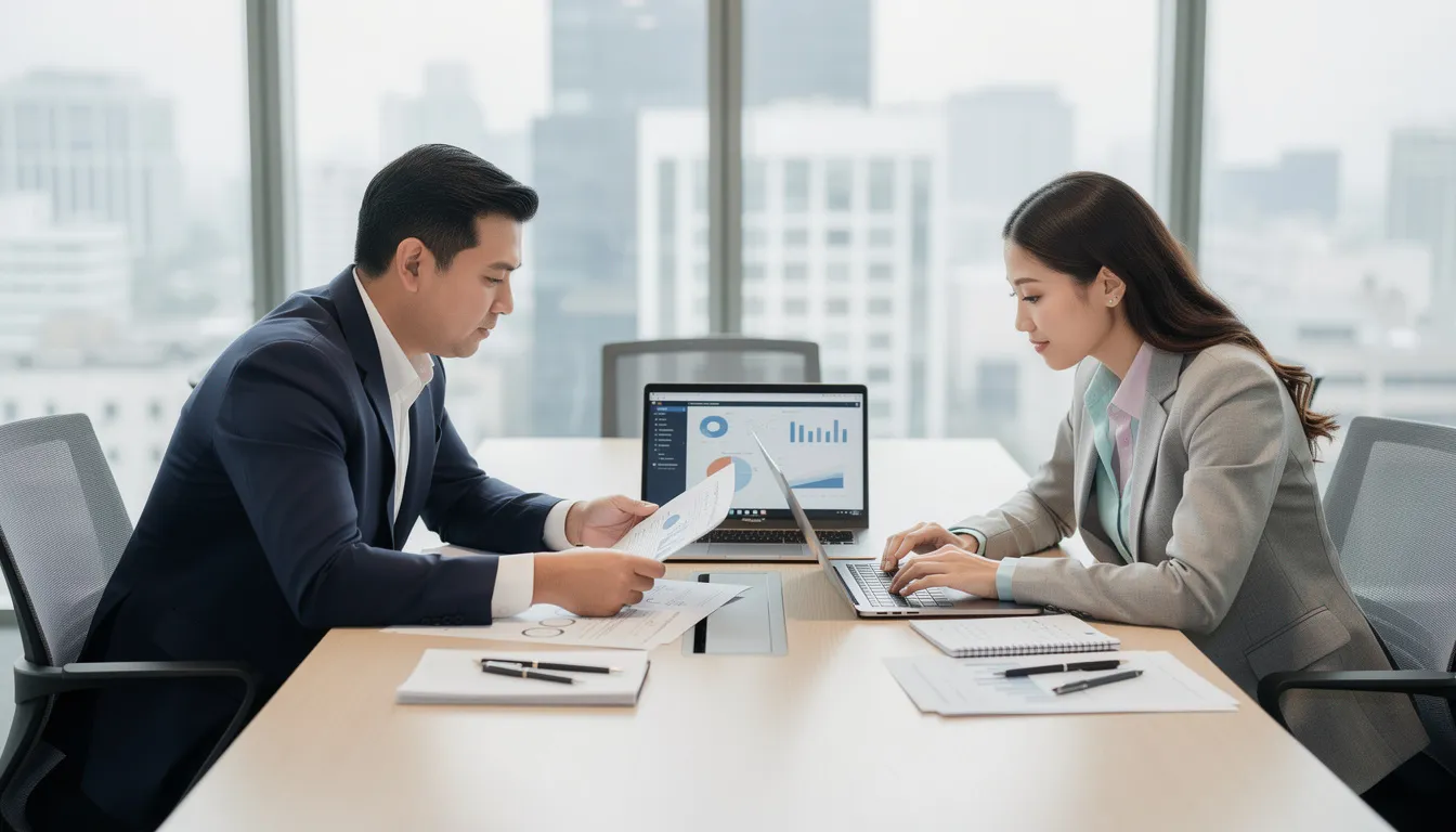 The image depicts two professionals, a man and a woman, engaged in a business meeting as they review documents and a laptop, likely discussing financial records related to the real estate industry. This scene highlights the importance of effective real estate bookkeeping and financial planning for real estate investors and agents.