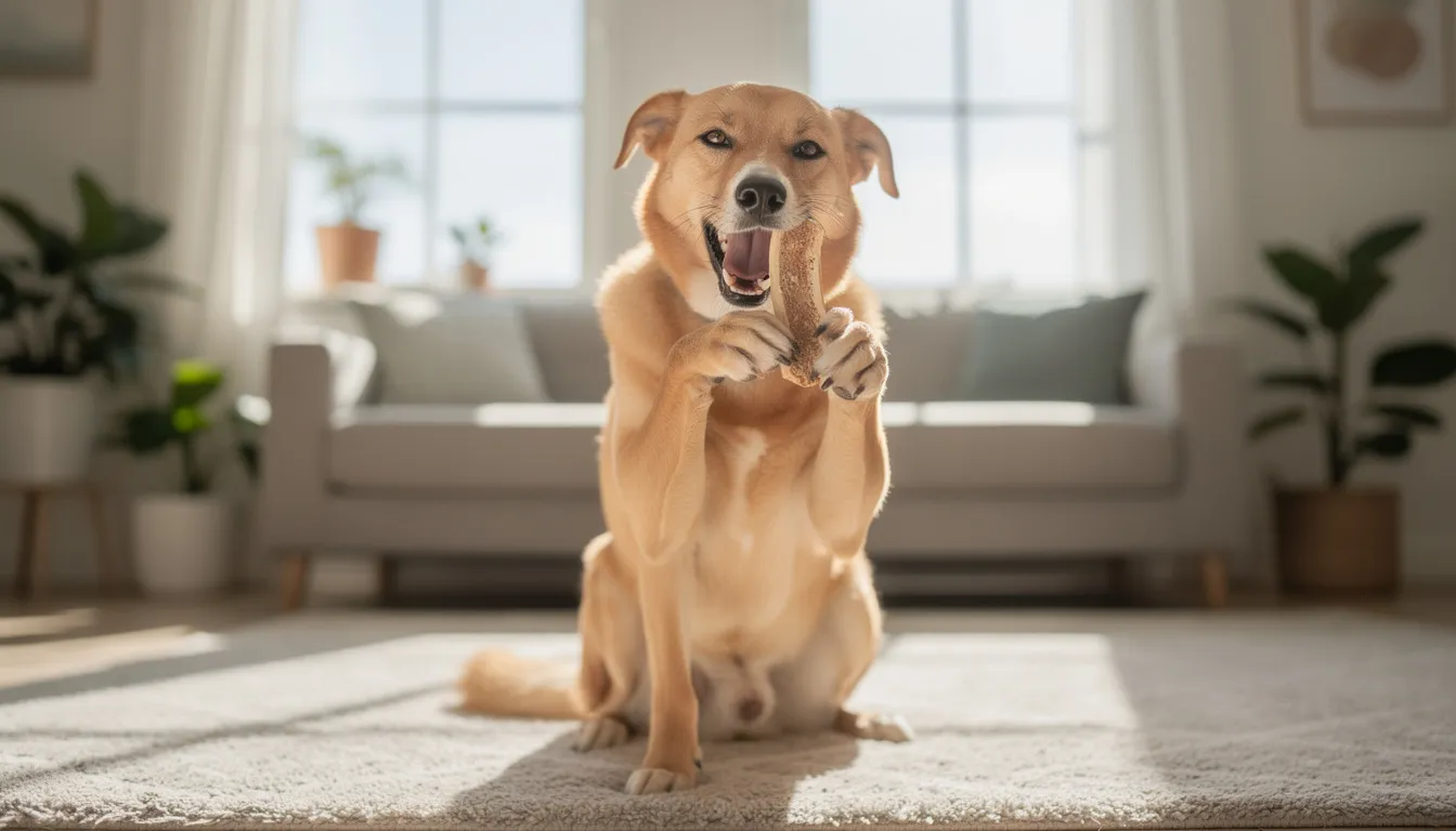 A happy dog is lying on a bright living room floor, joyfully chewing on a natural bully stick, showcasing its enthusiasm for this nutritious treat. The scene highlights the dog's enjoyment, emphasizing the benefits of high-quality bully sticks for maintaining dental health and satisfying chewing habits.