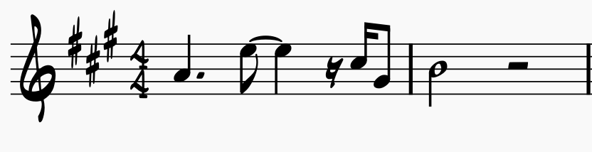 Key signature of A with three sharps; musical phrase in the key of A