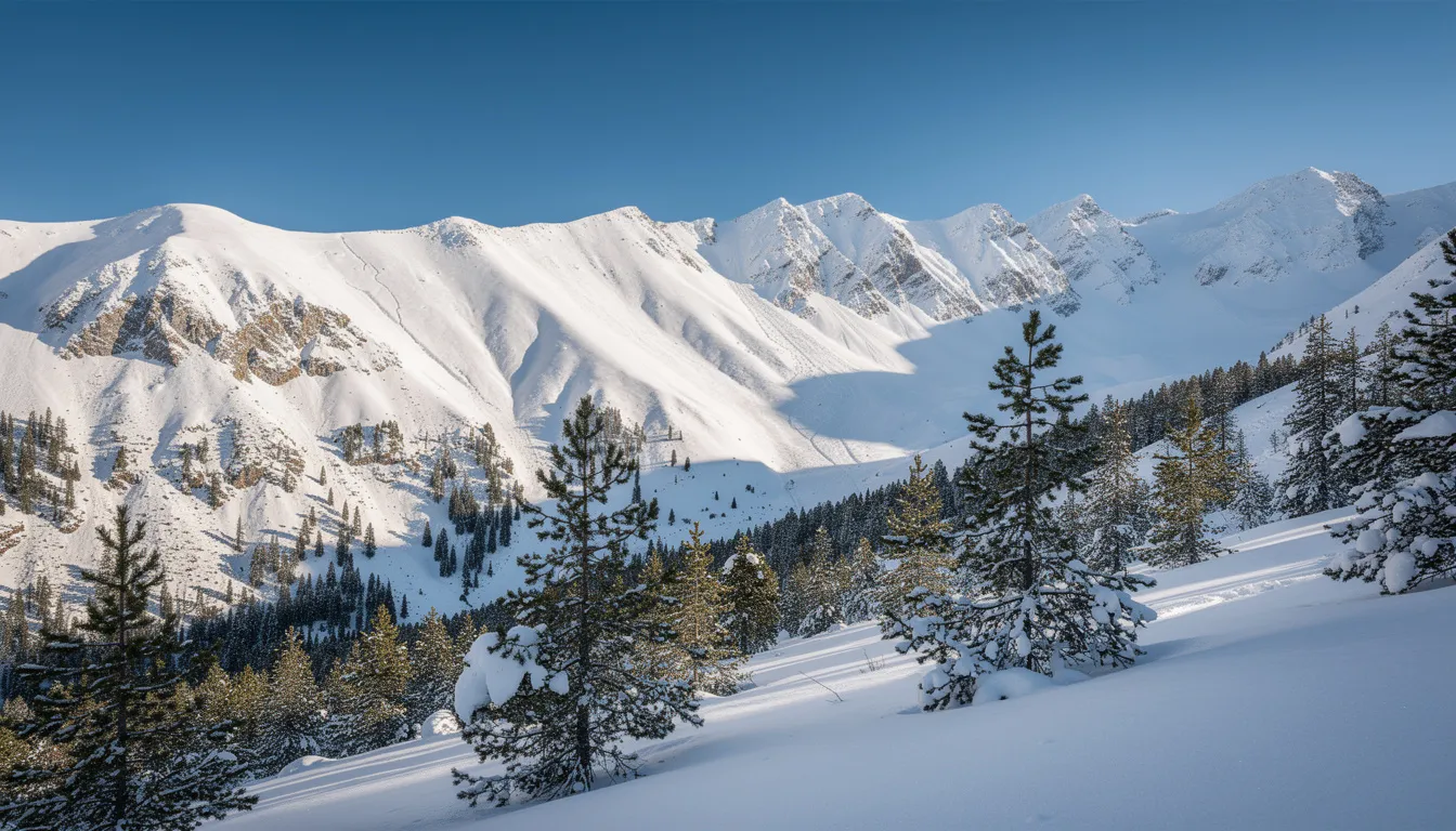 The image depicts snow-covered mountain slopes adorned with evergreen pine trees under a clear blue sky, showcasing the stunning natural beauty of a serene retreat. This picturesque landscape is perfect for nature lovers seeking romantic getaway destinations or planning a honeymoon trip to the hill stations of India.
