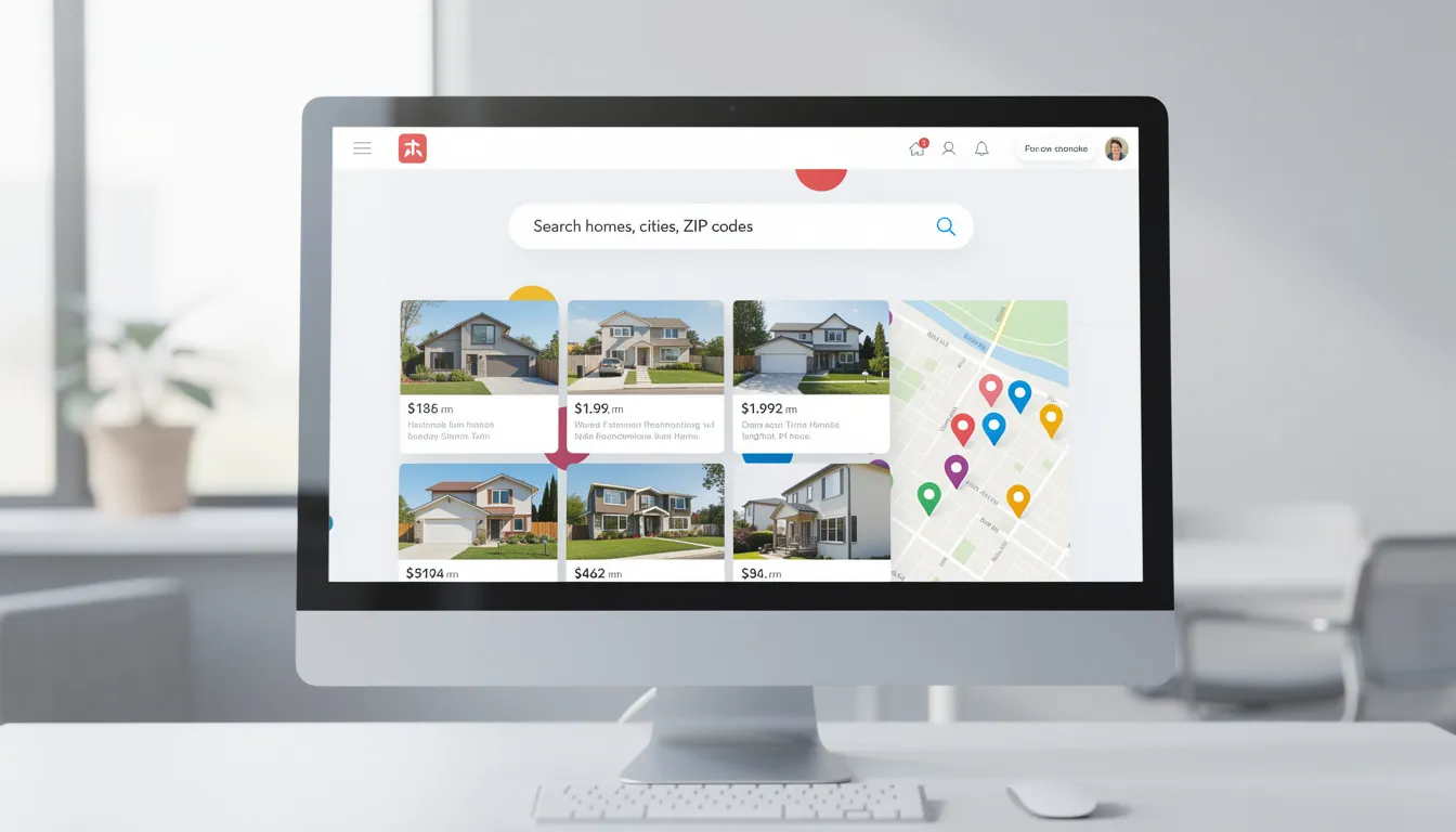 The image depicts a user-friendly interface of a real estate mobile app showcasing various property listings and features designed for real estate professionals. It highlights the app's enhanced performance, stability improvements, and new features aimed at generating leads and optimizing the home search experience for buyers and agents alike.