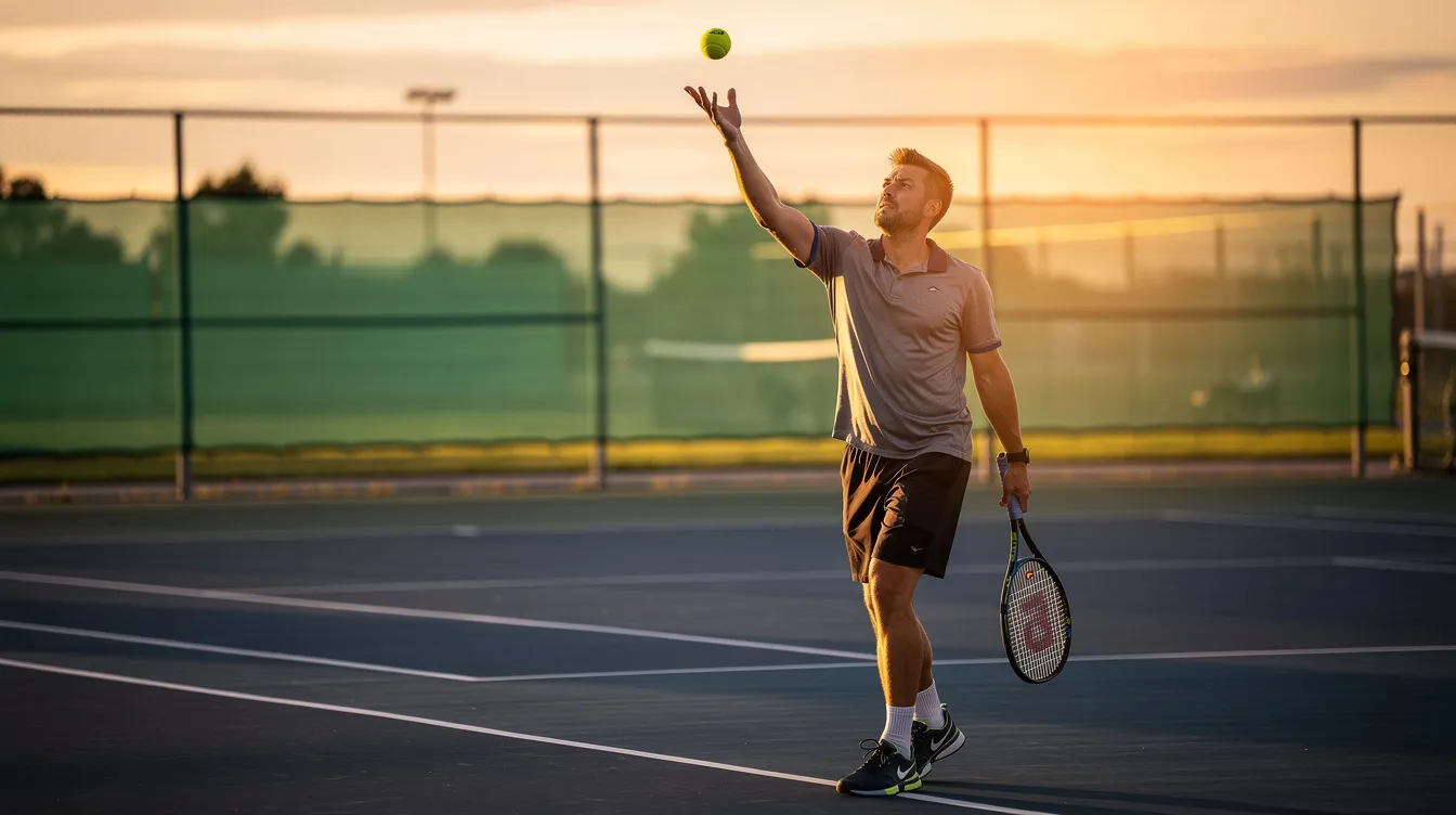 A tennis player is practicing their serve toss on an outdoor hard court during the golden hour, showcasing their focus on achieving a consistent toss for effective serve execution. The warm light highlights the player's determination as they work on their skill level, essential for competing in USTA leagues and tournaments.