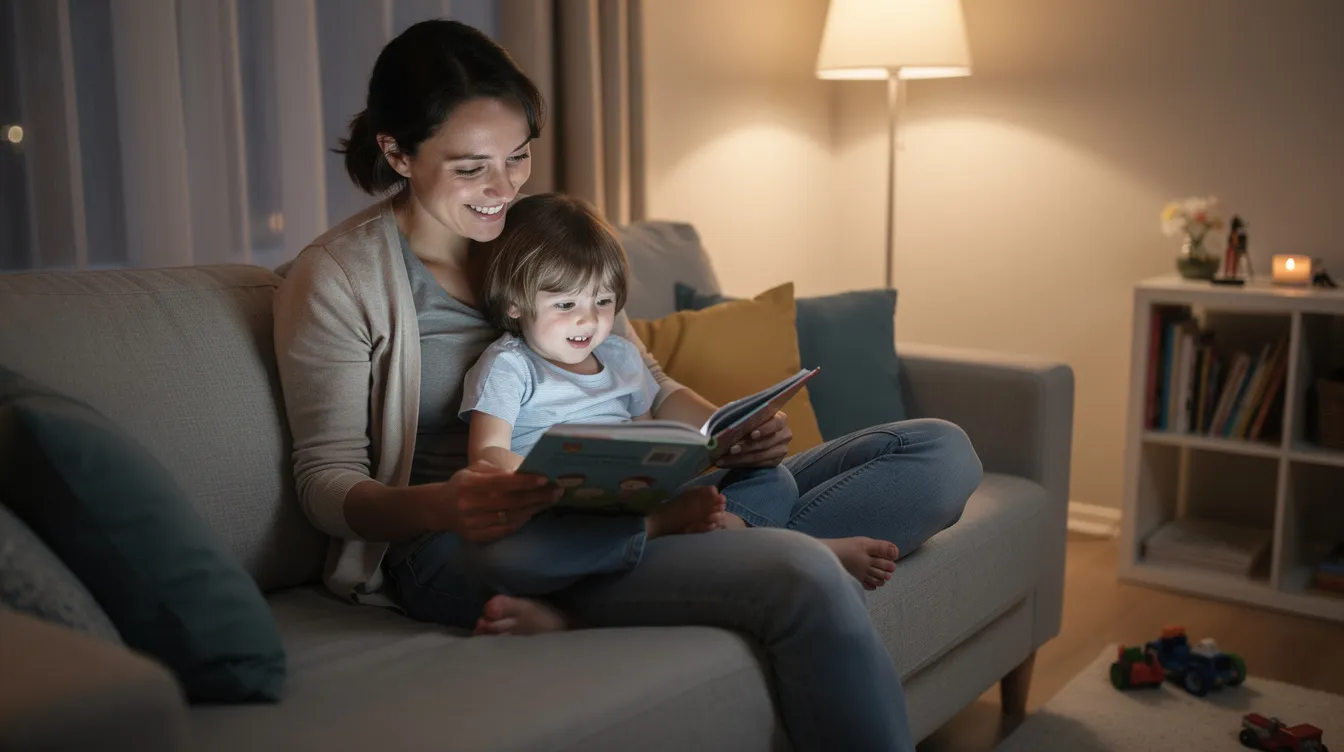 A parent and child are happily reading a storybook together on a couch, both smiling as they engage with the text, fostering strong reading comprehension skills and a love for reading in young learners. This nurturing environment encourages the child's reading ability and academic growth, helping them become confident readers.