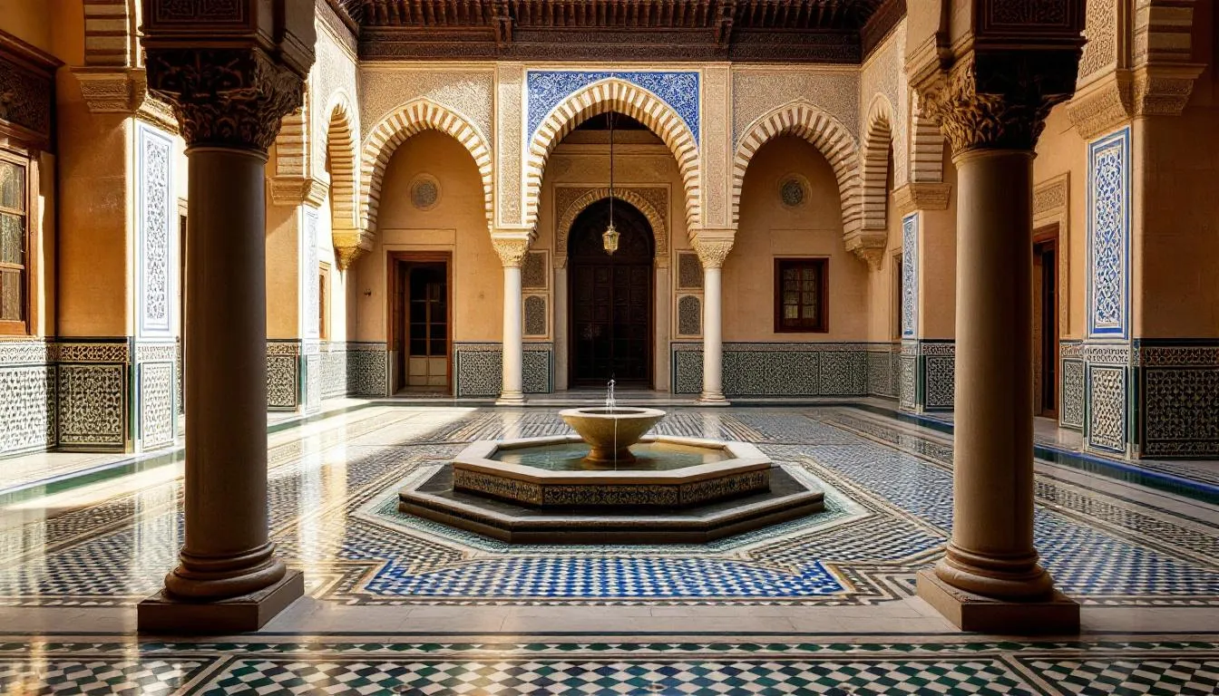 The image depicts an ancient Moroccan palace courtyard adorned with intricate zellige tile patterns, showcasing vibrant colors and geometric designs that reflect the rich craftsmanship of Moroccan architecture. The courtyard features decorative fountains surrounded by beautifully arranged mosaic tiles, creating an elegant and inviting space.
