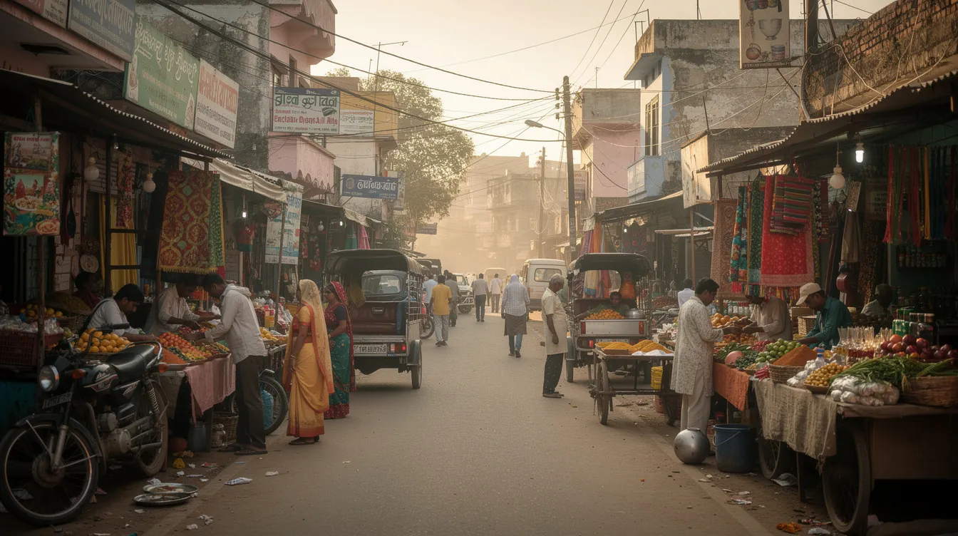 The image depicts a bustling market street in a mid-sized Indian city, filled with vibrant shops and vendors selling various goods. This lively scene reflects the rich cultural heritage and business environment of Madhya Pradesh, showcasing numerous small scale business opportunities and local businesses catering to the diverse needs of potential customers.