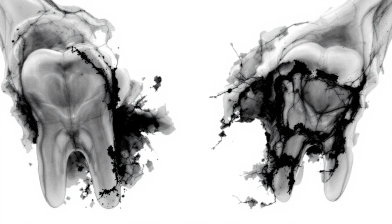 Czarno-biała ilustracja dwóch zębów pokrytych i otoczonych ciemnym osadem bakteryjnym