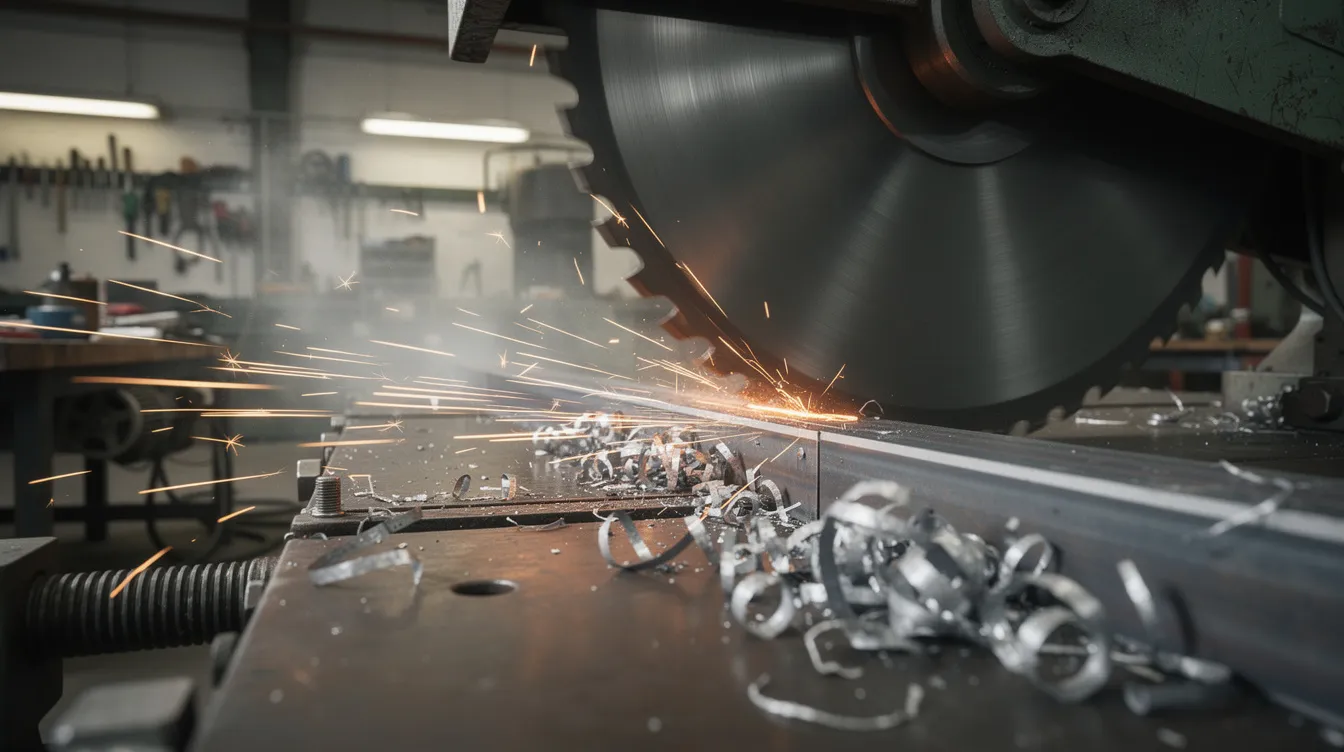 A close-up view of an industrial band saw cutting through a steel beam in a workshop, showcasing the precise cutting capabilities of the equipment. This process highlights the efficiency of steel cutting services, ensuring accurate lengths that meet specific project requirements while minimizing material waste.