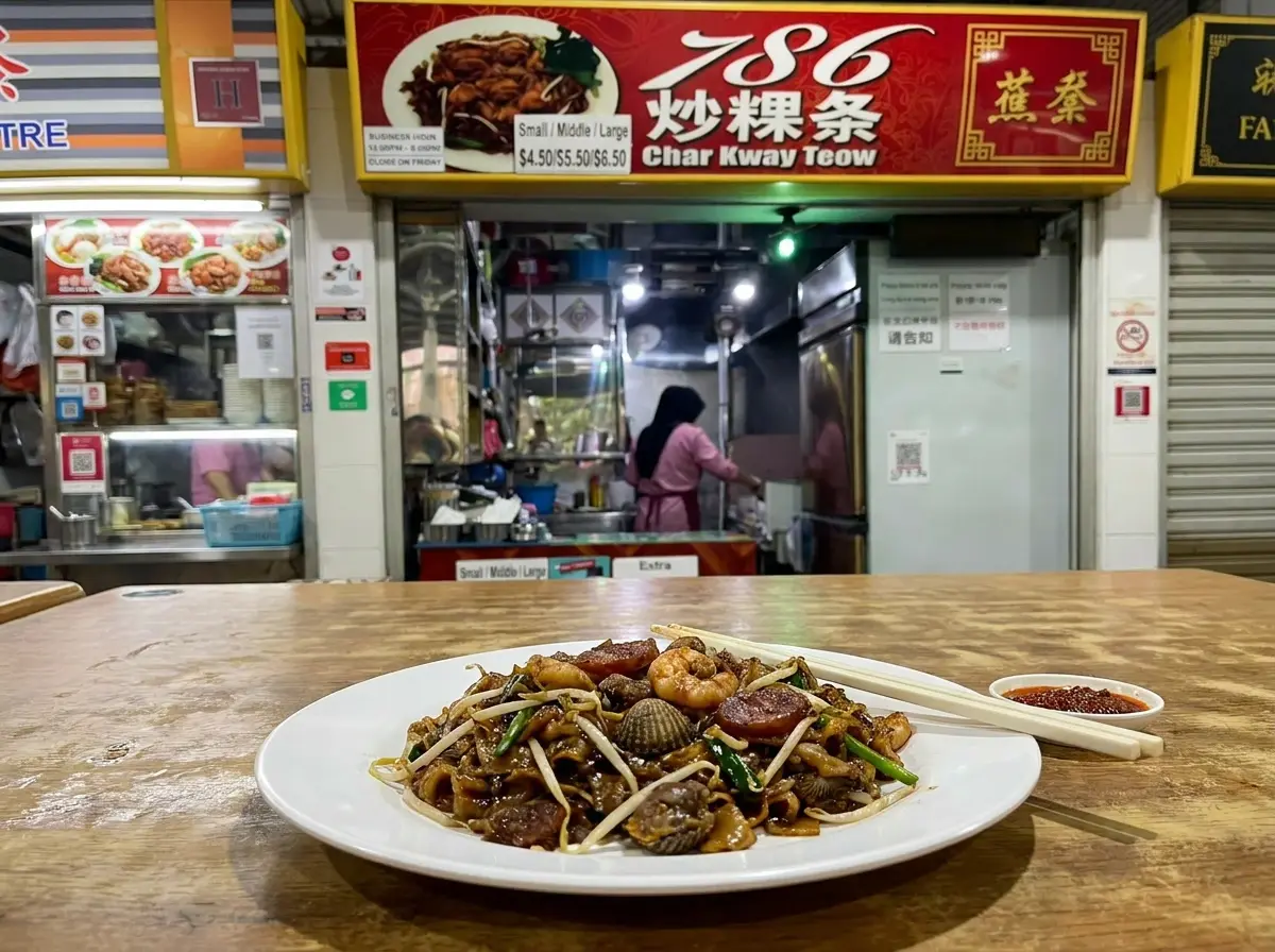 "A white plate of stir-fried Char Kway Teow with cockles, prawns, and sprouts on a wooden table, in front of the '786 Char Kway Teow' hawker stall."