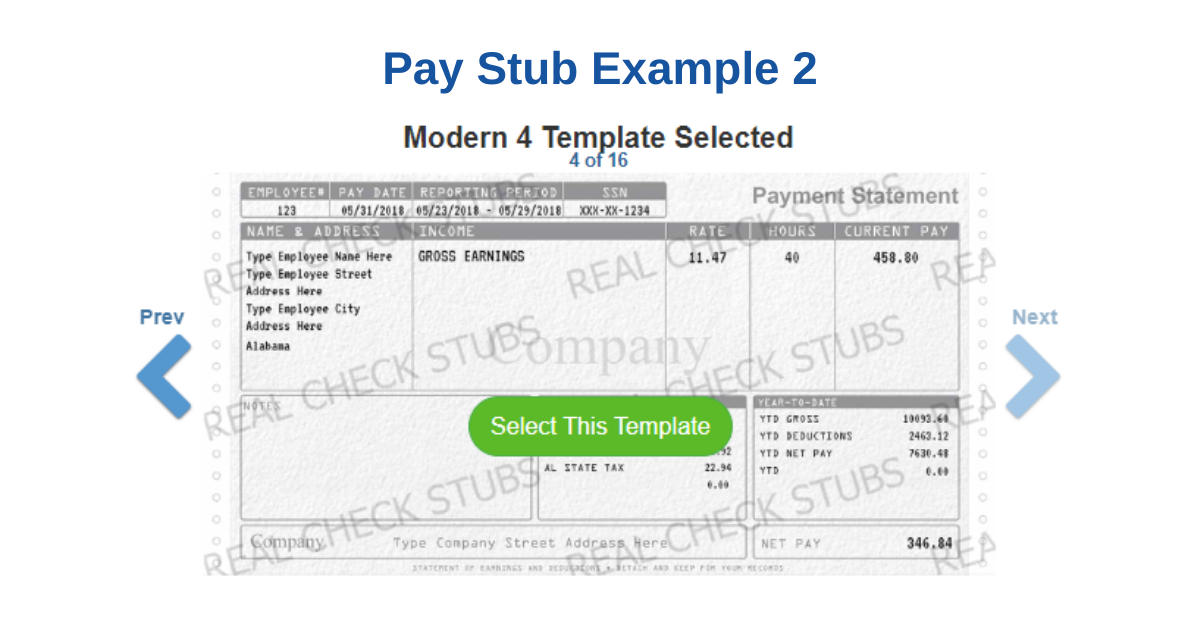 Free pay stub document templates for pay date and tax filing - sample pay stub option number 2