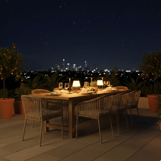 Outdoor patio dining area with table lamps providing warm lighting, creating a cozy atmosphere with a city skyline backdrop at night.