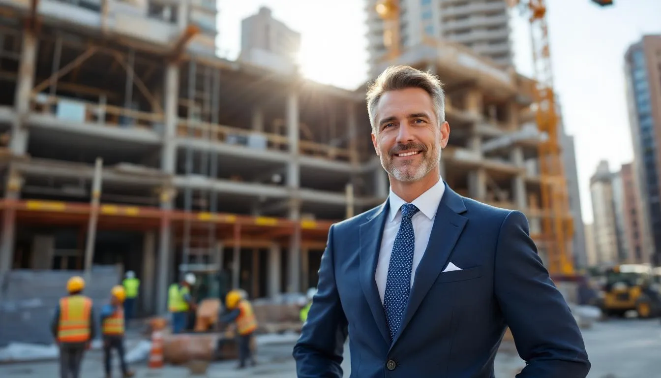 A confident small business owner stands proudly in front of a bustling commercial construction site, symbolizing success and the potential of commercial construction loans. The scene captures the essence of the construction phase, highlighting the importance of financing options and interest rates in realizing business dreams.