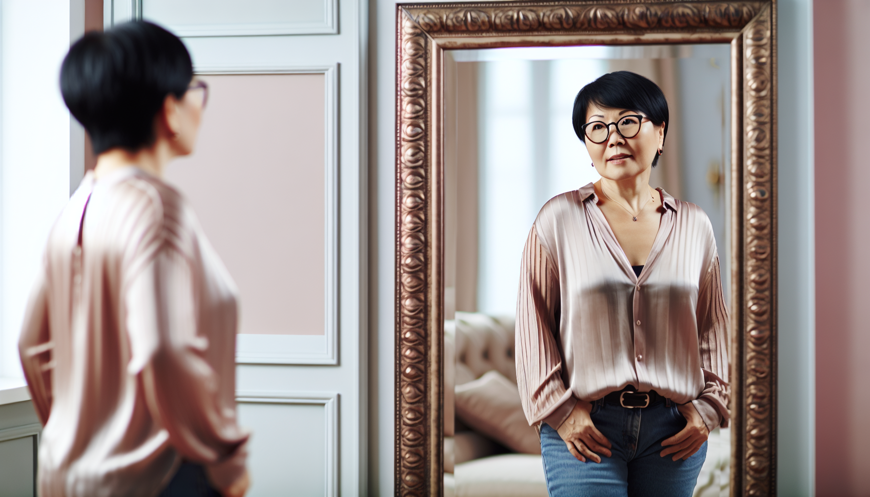 A person gazing at their reflection in a mirror
