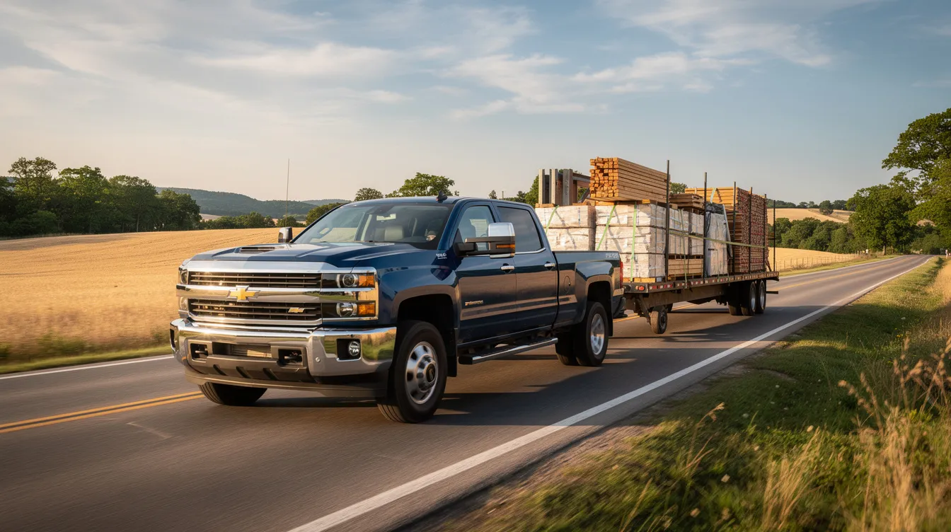 A heavy-duty Chevrolet pickup truck, specifically a used Chevy Silverado, is towing a large flatbed trailer filled with construction materials along a rural highway. The truck showcases its impressive towing capacity and reliability, making it an ideal choice for job sites and heavy-duty tasks.