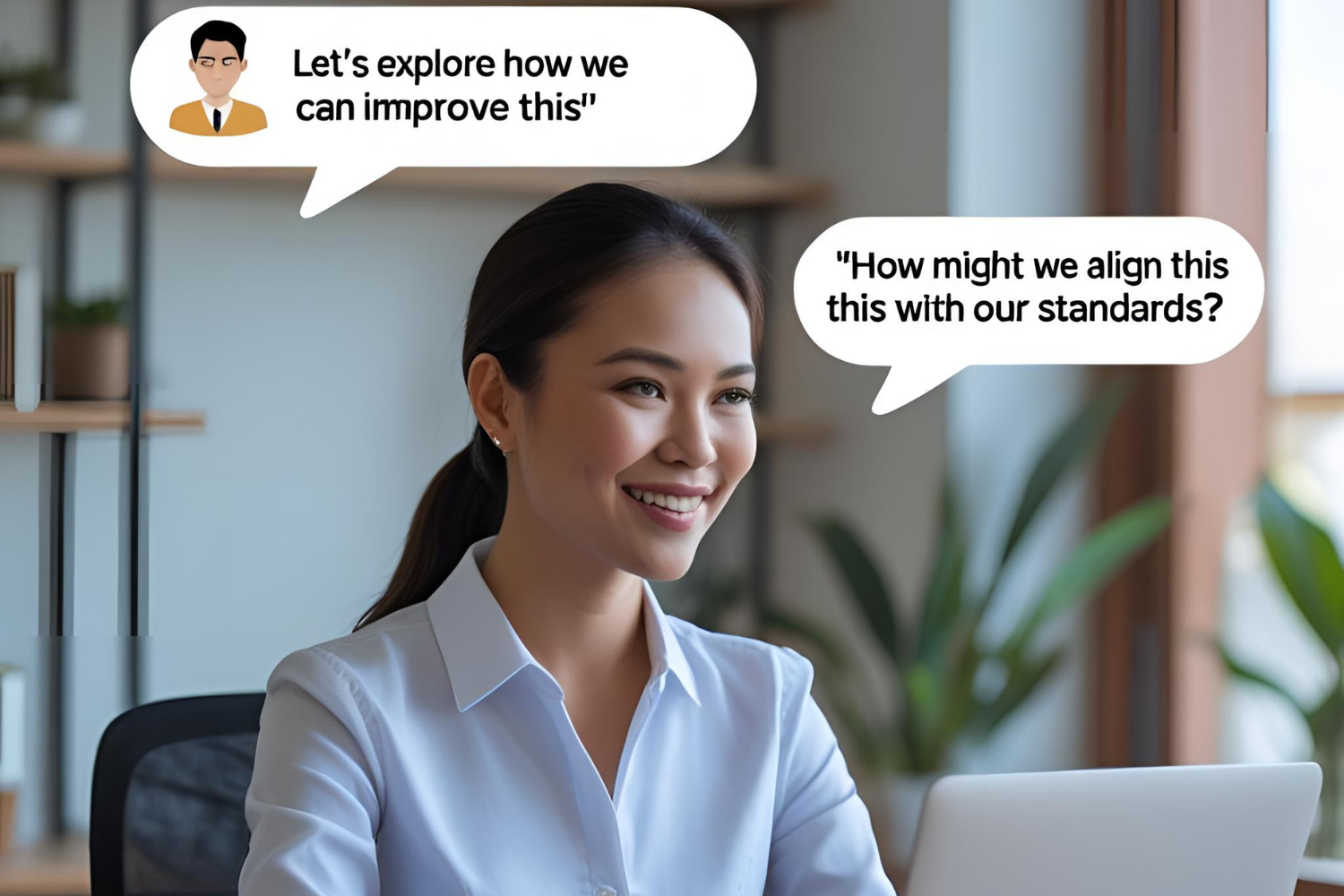 Filipino remote employee reading phrases on laptop.