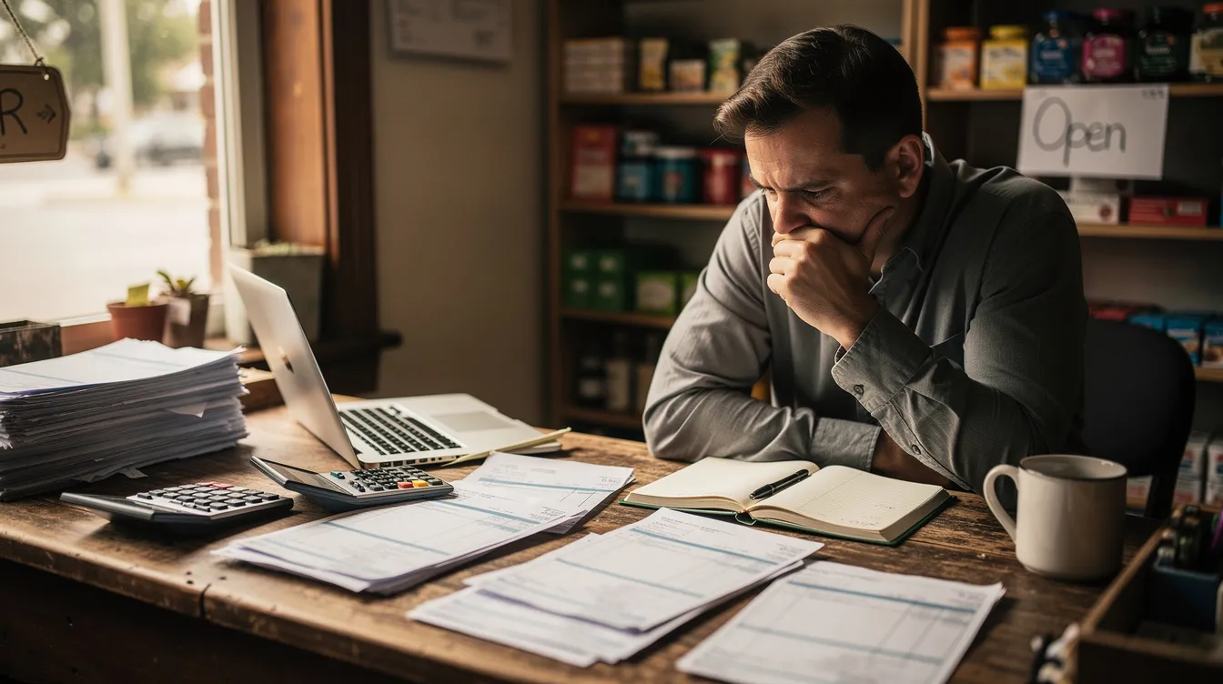 f374b69b e749 4be6 a394 4f01b7a01f92 A small business owner is seated at a desk in a modest shop, intently reviewing paperwork, likely related to their business plan and financial documents. This scene reflects the diligence required for securing a mudra loan, as the owner may be assessing their credit history and eligibility criteria for financial assistance.