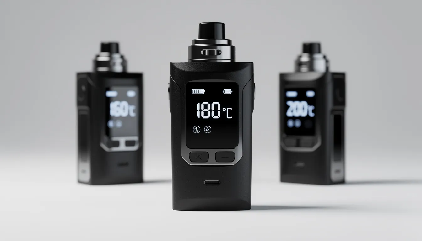 Das Bild zeigt das LED-Display des Mighty Vaporizers von Storz & Bickel, das verschiedene Temperatureinstellungen für die Nutzung mit trockenen Kräutern anzeigt. Die Temperaturanzeige reicht bis zu 210 °C und verdeutlicht die präzise Kontrolle über die Dampfqualität des Geräts.