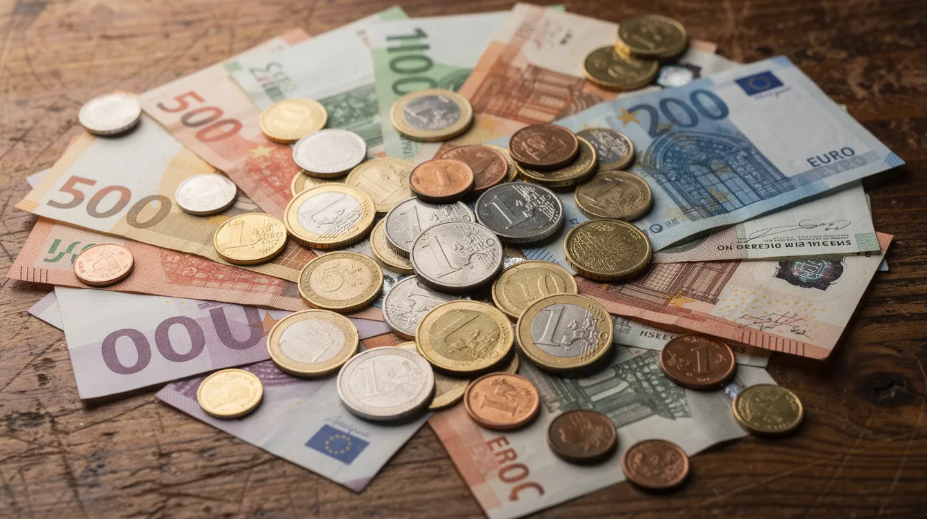The image shows a variety of international coins and banknotes spread across a wooden table, symbolizing the concept of multi-currency accounts and global payments. This assortment represents the diverse financial tools available for managing money across multiple countries, highlighting the importance of currency conversion and international transactions.