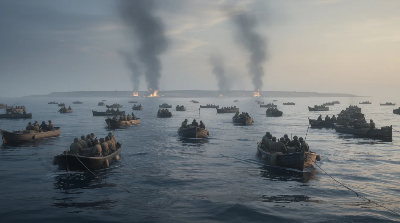Auf ruhiger See sind zahlreiche kleine Boote unterschiedlicher Größe zu sehen, einige davon beladen mit Soldaten, während im Hintergrund Rauchsäulen über der flachen Küstenlinie von Dünkirchen aufsteigen. Diese Szene erinnert an die dramatischen Ereignisse der Evakuierungsaktion während der Schlacht von Dunkirk im Zweiten Weltkrieg.
